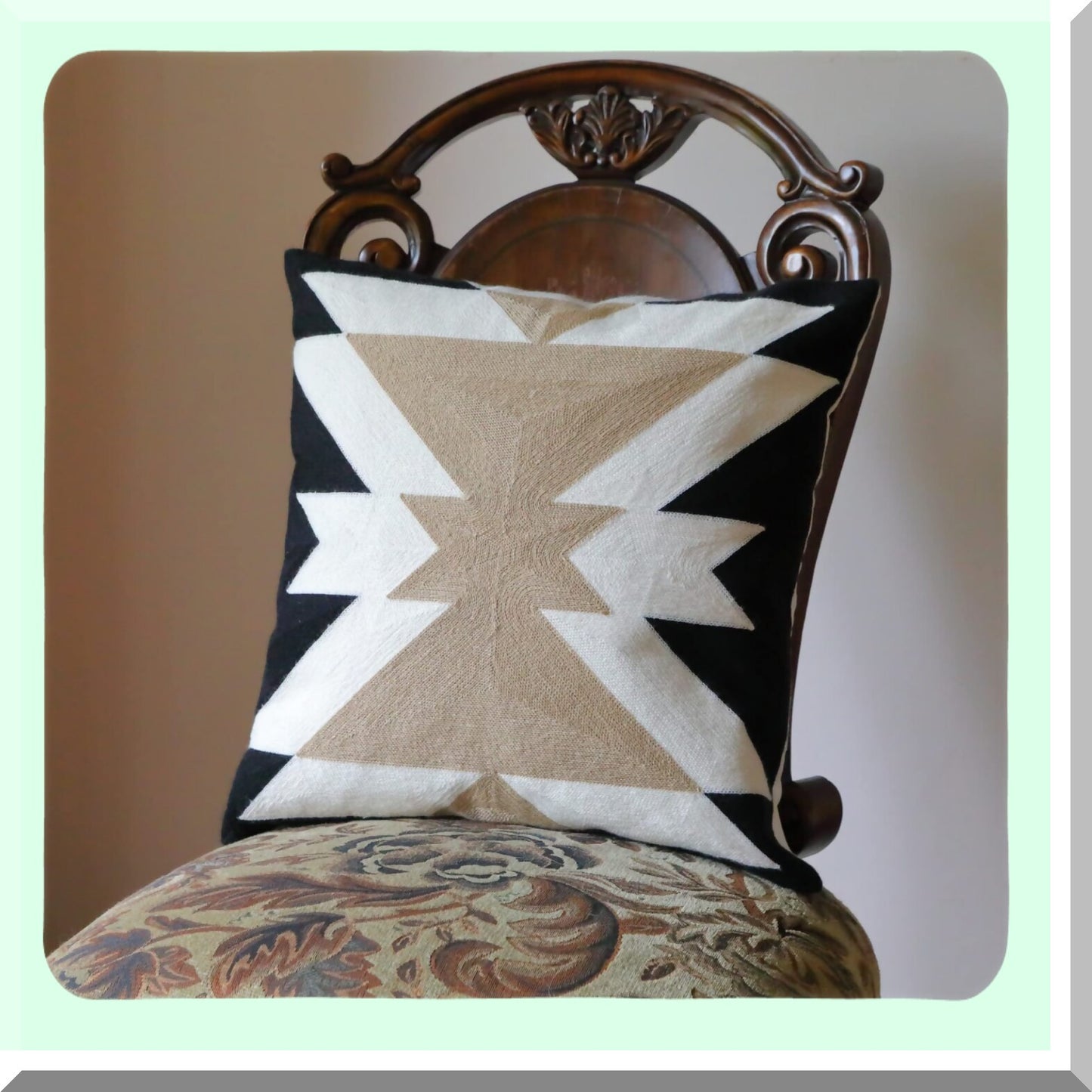 Monochrome Coffee Embroidered Boho Pillowcase - Geometric Farmhouse Cushion Cover for Sofa Bed - 18"x18"