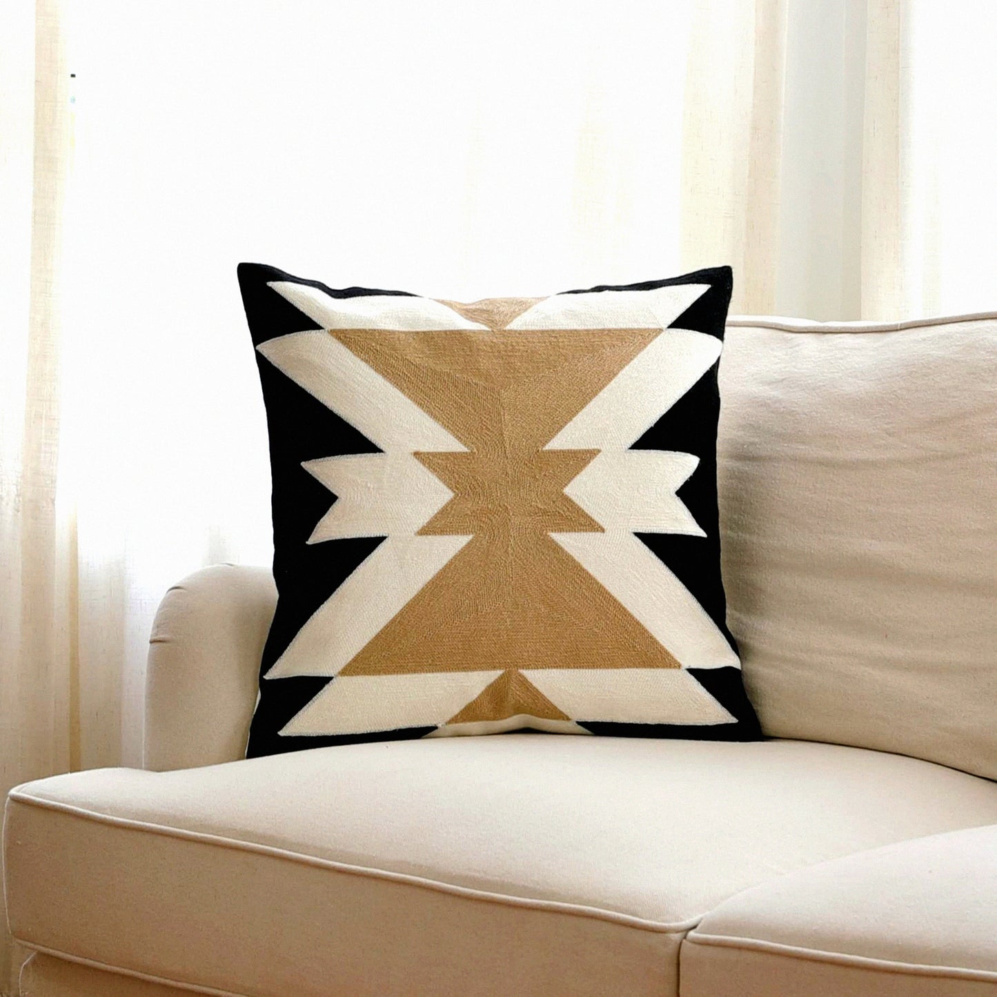 Monochrome Coffee Embroidered Boho Pillowcase - Geometric Farmhouse Cushion Cover for Sofa Bed - 18"x18"