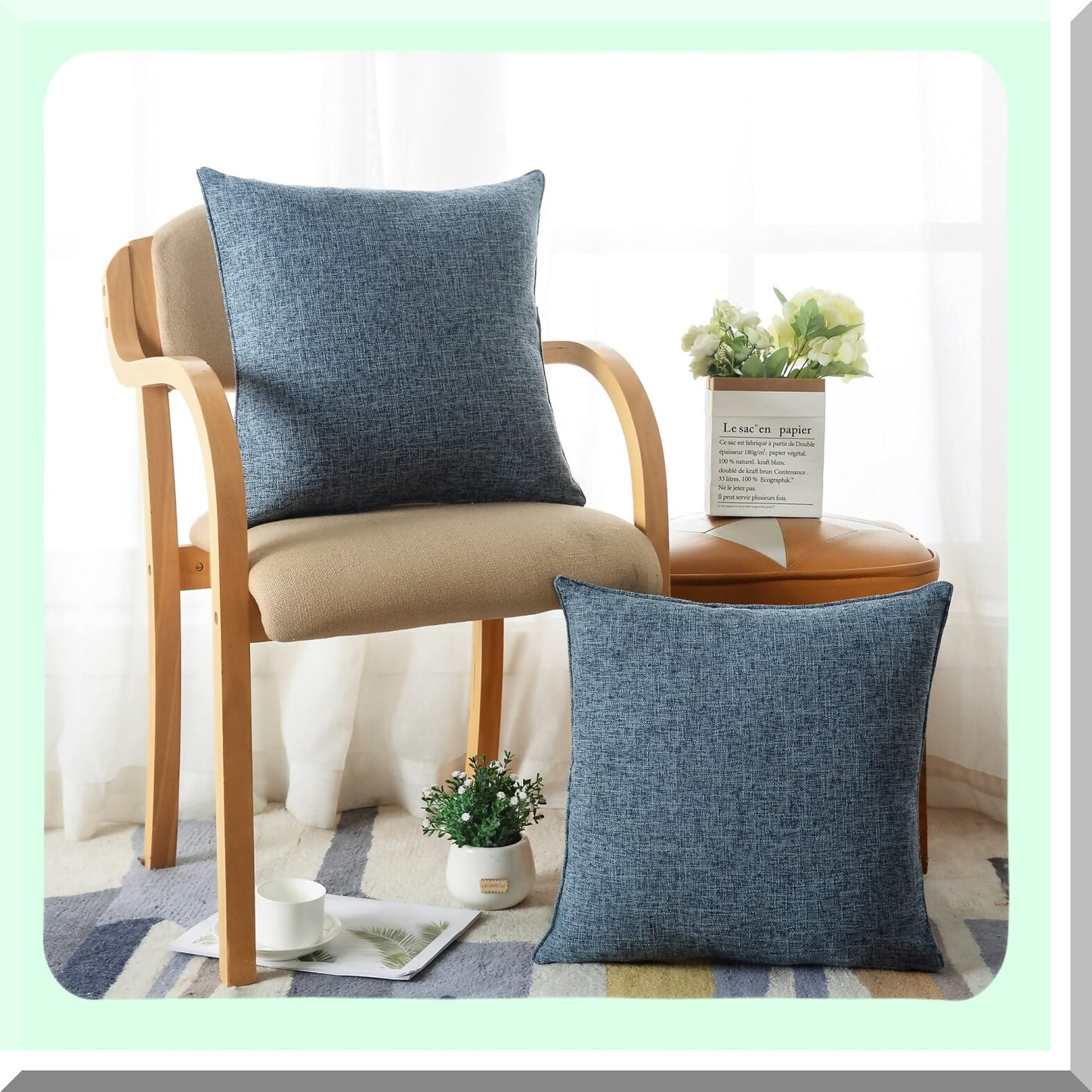 Blue Linen Throw Pillow Covers - Set of 2, 20x20 Inch Accent Cushion Covers for Living Room & Bedroom Decor. Solid Color Pillow Covers for Couch, Sofa, Chair.