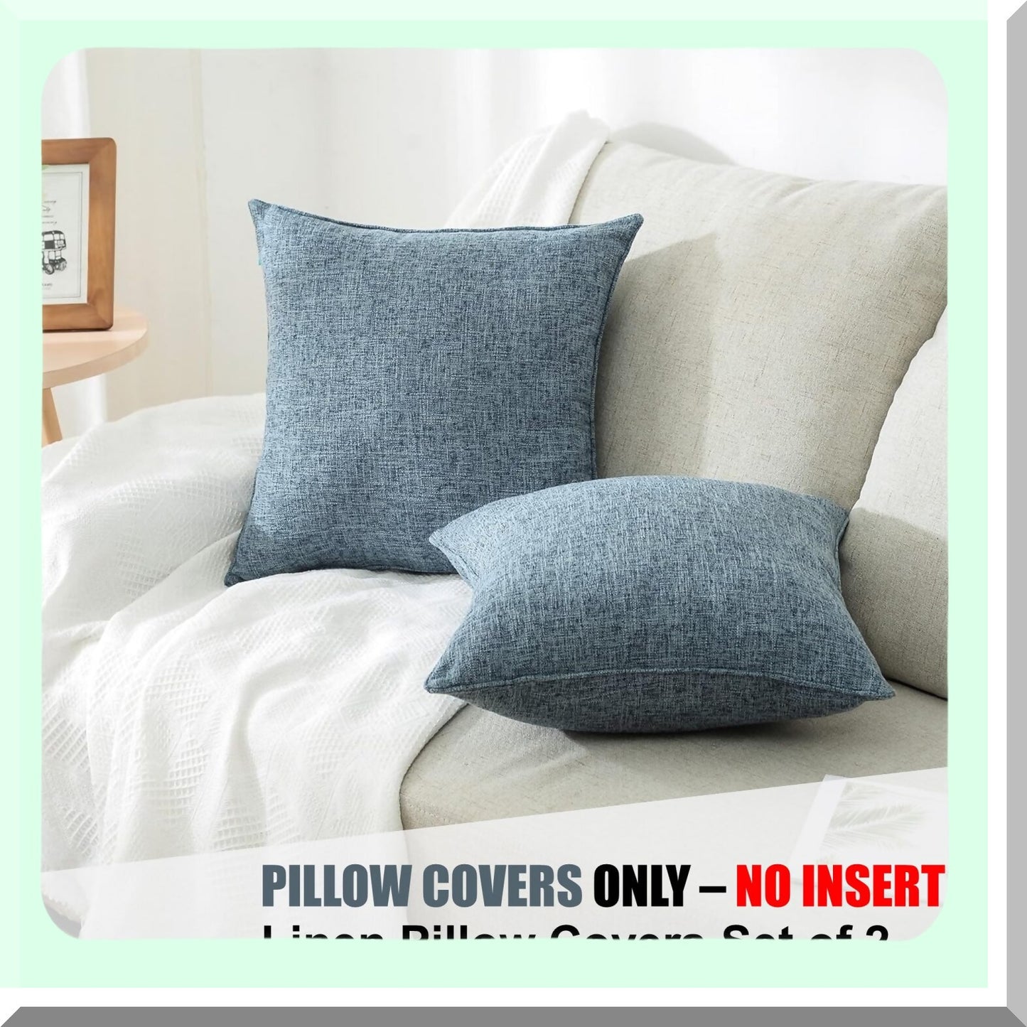 Blue Linen Throw Pillow Covers - Set of 2, 20x20 Inch Accent Cushion Covers for Living Room & Bedroom Decor. Solid Color Pillow Covers for Couch, Sofa, Chair.