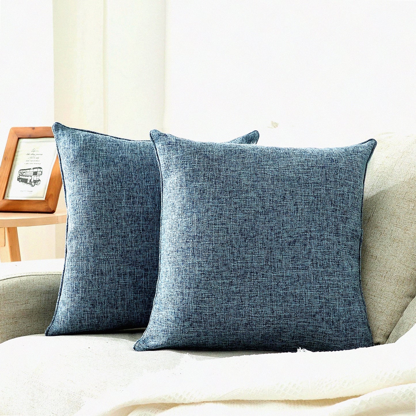 Blue Linen Throw Pillow Covers - Set of 2, 20x20 Inch Accent Cushion Covers for Living Room & Bedroom Decor. Solid Color Pillow Covers for Couch, Sofa, Chair.