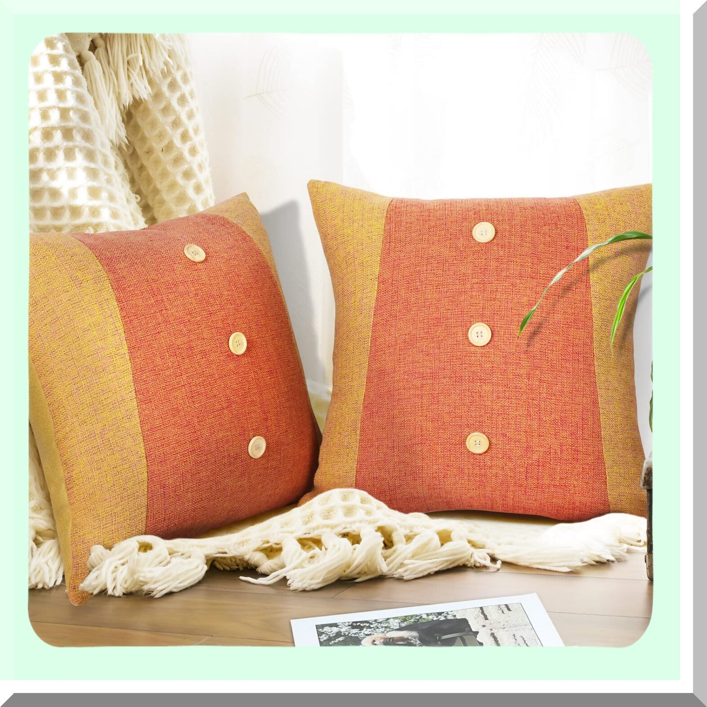 Farmhouse Linen Leather Throw Pillow Covers - Set of 2, 18x18 Inch - Yellow Decorative Cushion Cases for Couch Sofa & Bedroom