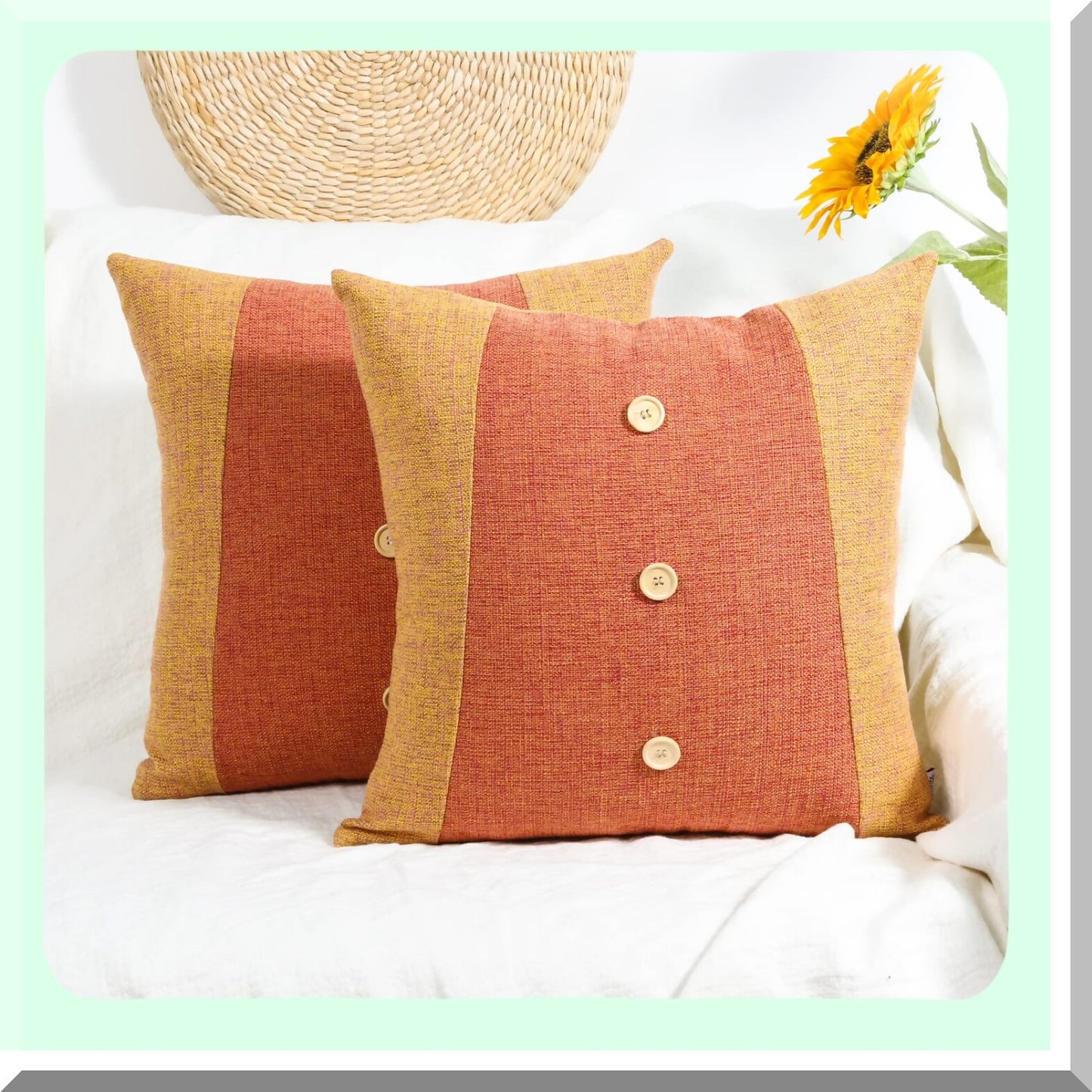 Farmhouse Linen Leather Throw Pillow Covers - Set of 2, 18x18 Inch - Yellow Decorative Cushion Cases for Couch Sofa & Bedroom
