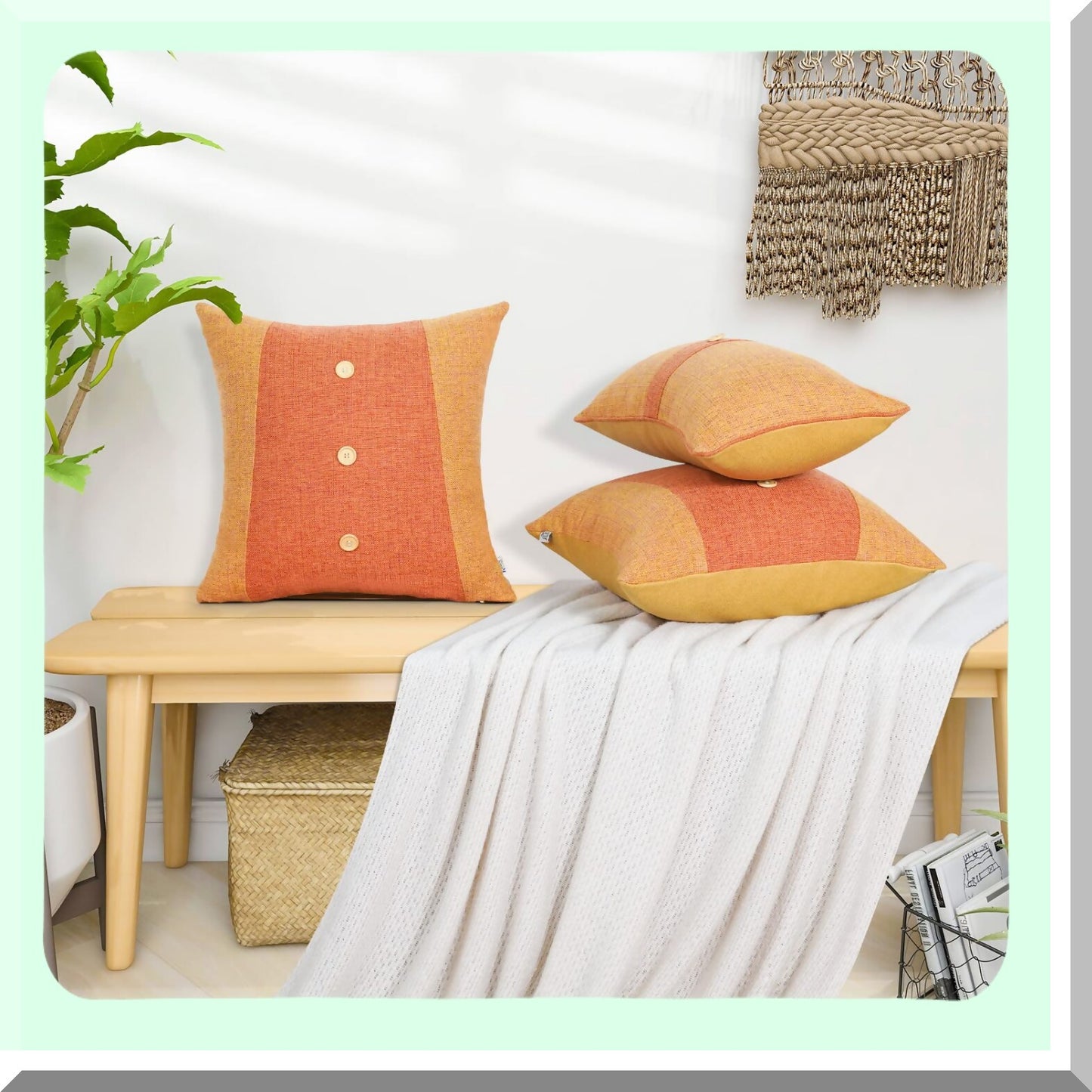Farmhouse Linen Leather Throw Pillow Covers - Set of 2, 18x18 Inch - Yellow Decorative Cushion Cases for Couch Sofa & Bedroom