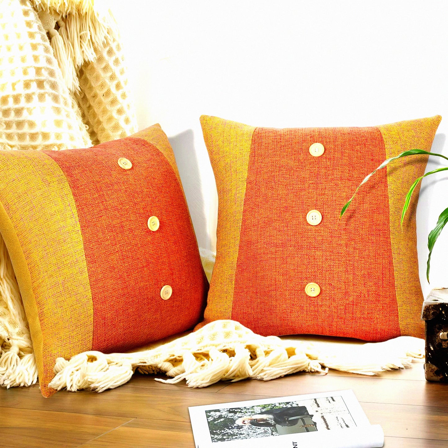 Farmhouse Linen Leather Throw Pillow Covers - Set of 2, 18x18 Inch - Yellow Decorative Cushion Cases for Couch Sofa & Bedroom