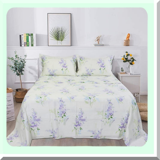 Breathable Cotton Blossom Bedding Set - Luxe Floral Sheet Set with Deep Pocket Fitted Sheet, Flat Sheet, and Pillowcases - 4-Piece Queen Size