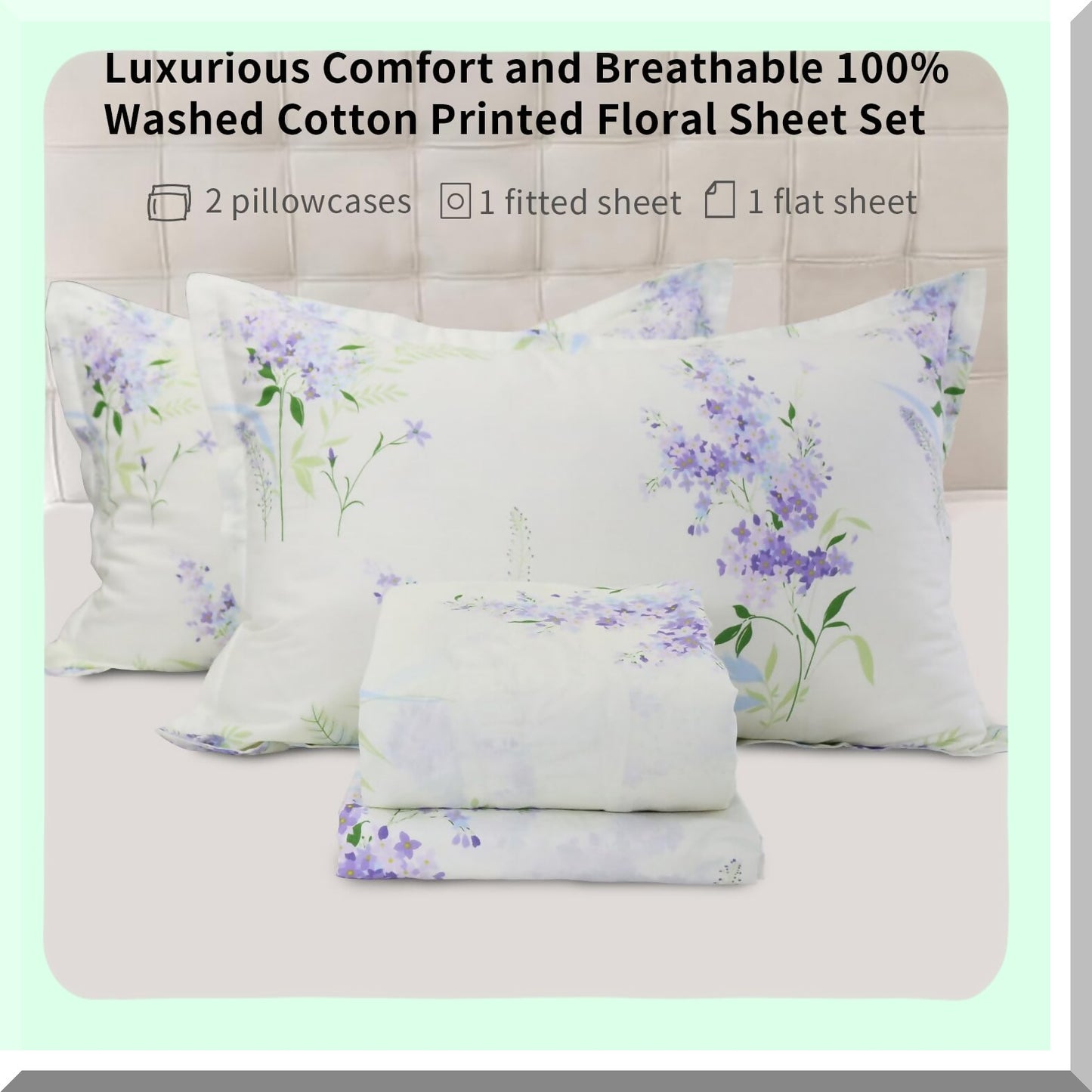 Breathable Cotton Blossom Bedding Set - Luxe Floral Sheet Set with Deep Pocket Fitted Sheet, Flat Sheet, and Pillowcases - 4-Piece Queen Size