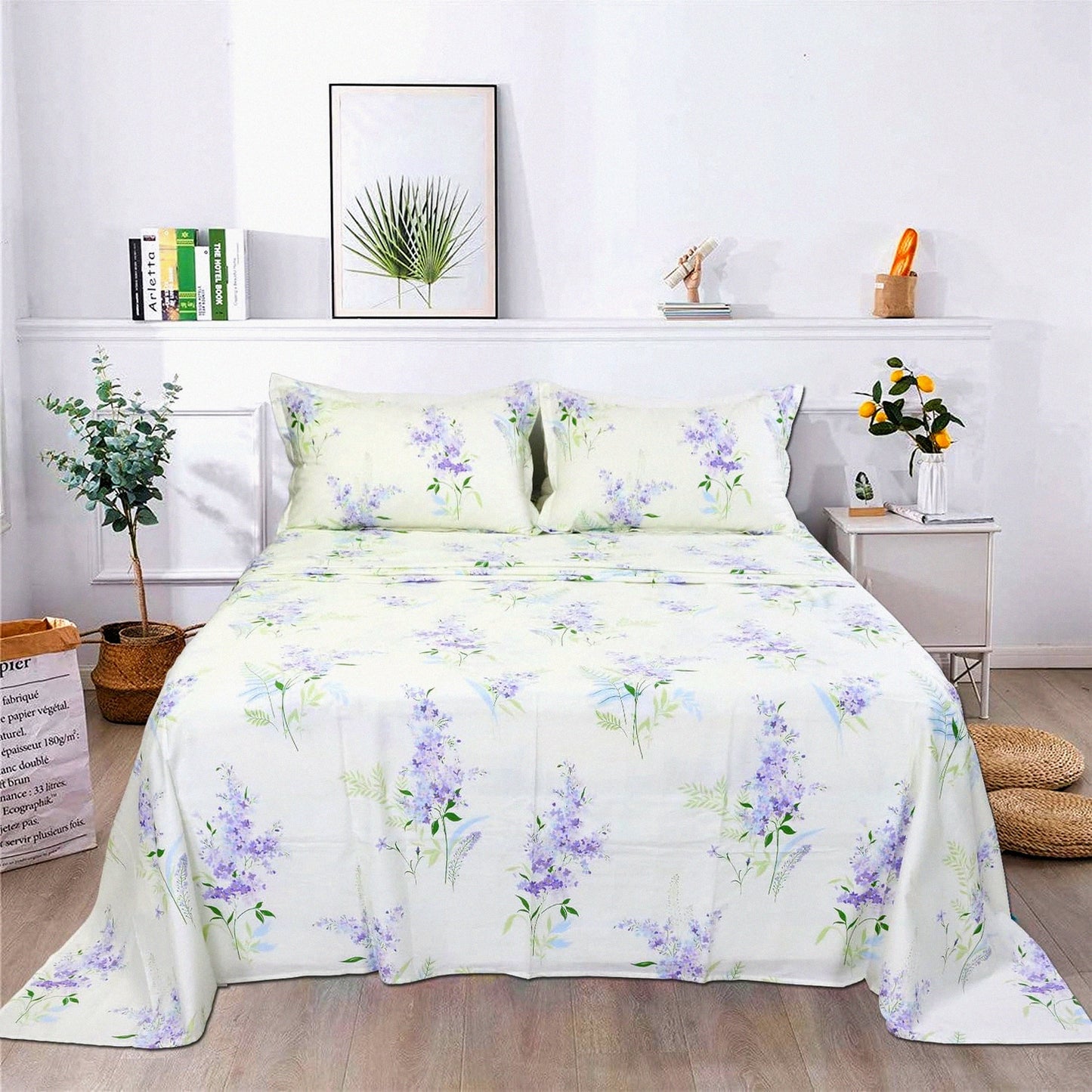 Breathable Cotton Blossom Bedding Set - Luxe Floral Sheet Set with Deep Pocket Fitted Sheet, Flat Sheet, and Pillowcases - 4-Piece Queen Size