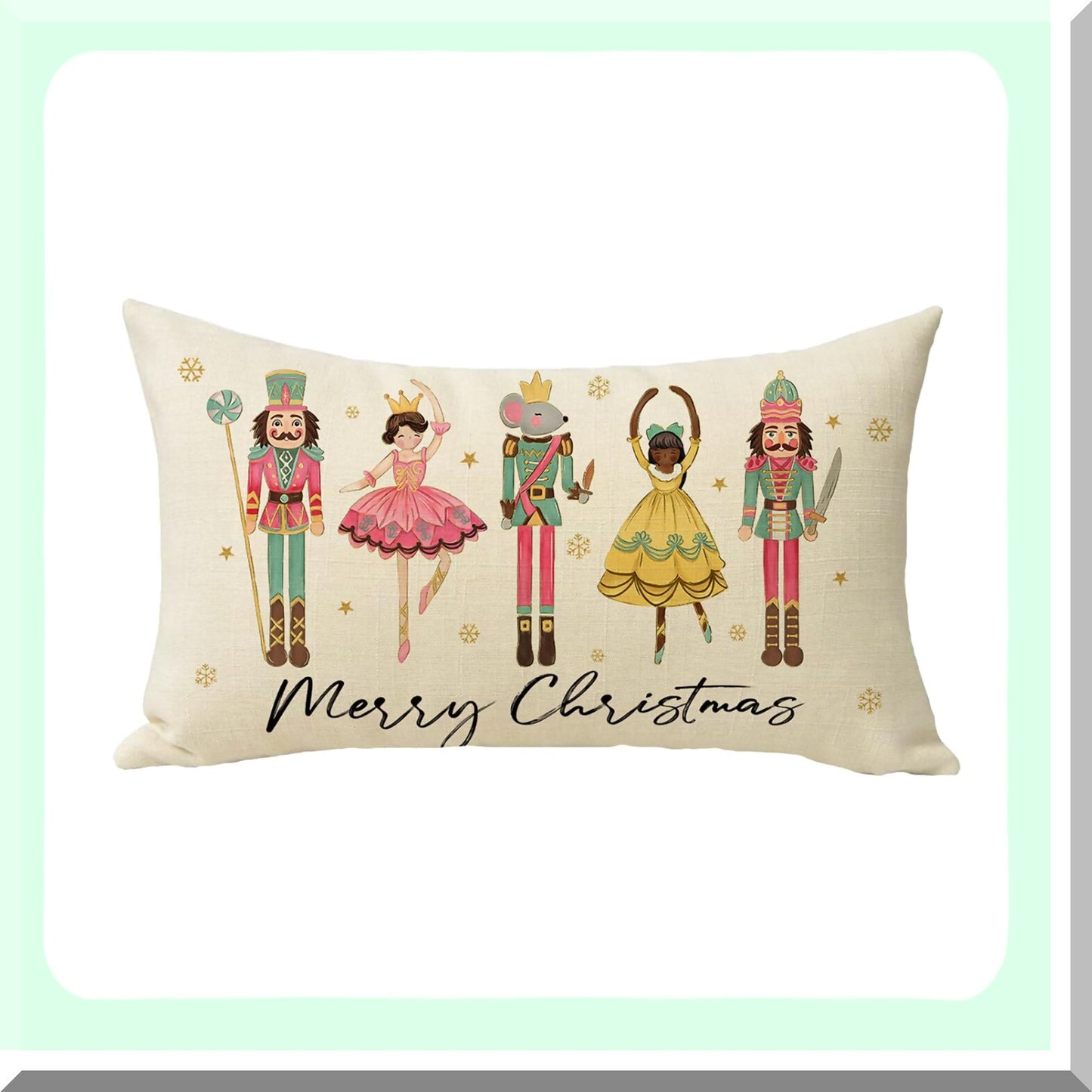 Snowflake Soldier Lumbar Pillow Cover - Winter Holiday Farmhouse Decor - Pink Xmas Party Cushion Case - Merry Mouse Outdoor Home Decoration