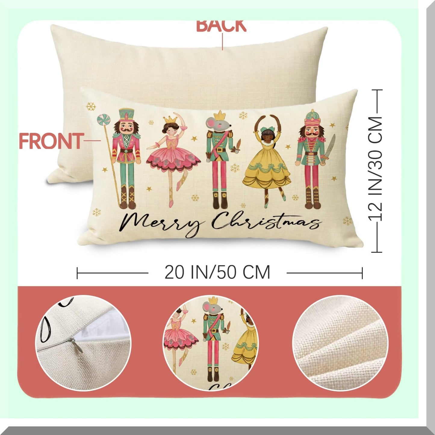 Snowflake Soldier Lumbar Pillow Cover - Winter Holiday Farmhouse Decor - Pink Xmas Party Cushion Case - Merry Mouse Outdoor Home Decoration