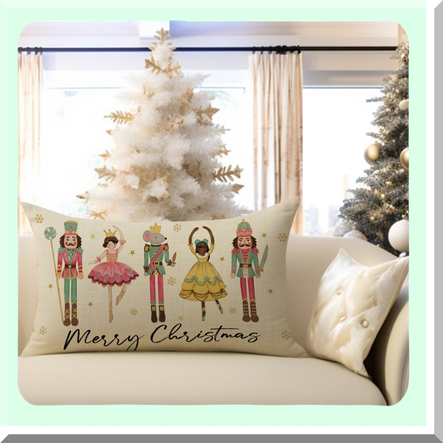 Snowflake Soldier Lumbar Pillow Cover - Winter Holiday Farmhouse Decor - Pink Xmas Party Cushion Case - Merry Mouse Outdoor Home Decoration