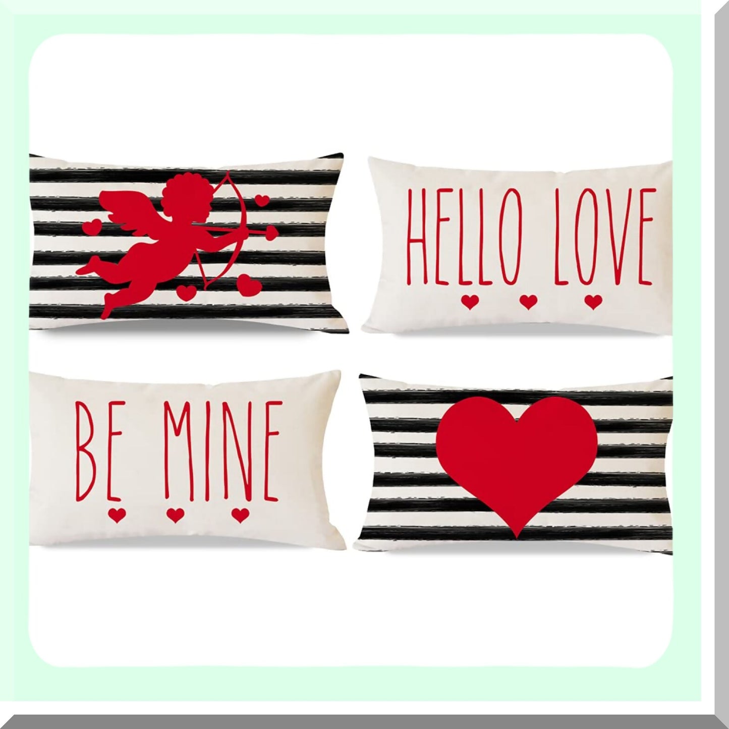 Love Striped Heart Arrow Pillow Covers - Set of 4, Valentines Day Decorative Throw Pillows - Black & Red Cupid Arrow Cases for Valentines Day Decor
