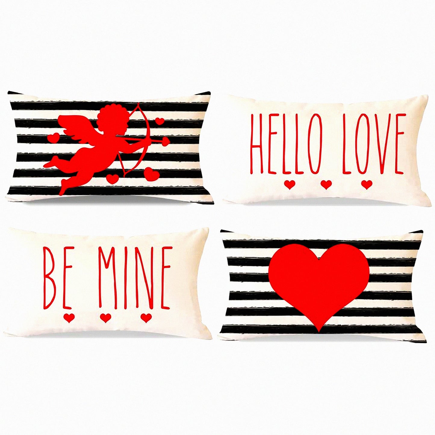 Love Striped Heart Arrow Pillow Covers - Set of 4, Valentines Day Decorative Throw Pillows - Black & Red Cupid Arrow Cases for Valentines Day Decor