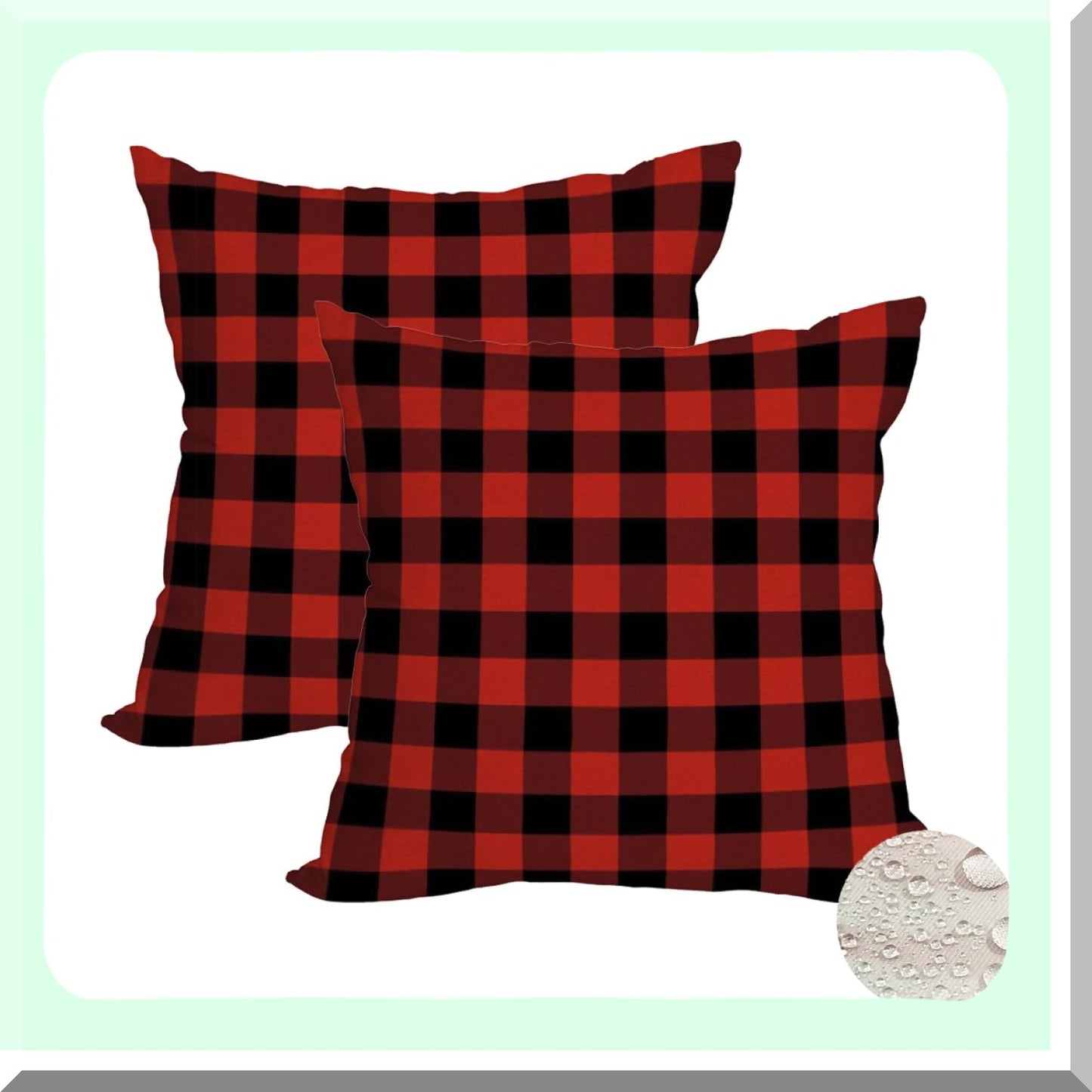 Winter Farmhouse Buffalo Plaid Pillow Covers - Set of 2 Waterproof Outdoor Cushion Cases 18x18 Inch Red & Black Checked Throw Double Sided Decor