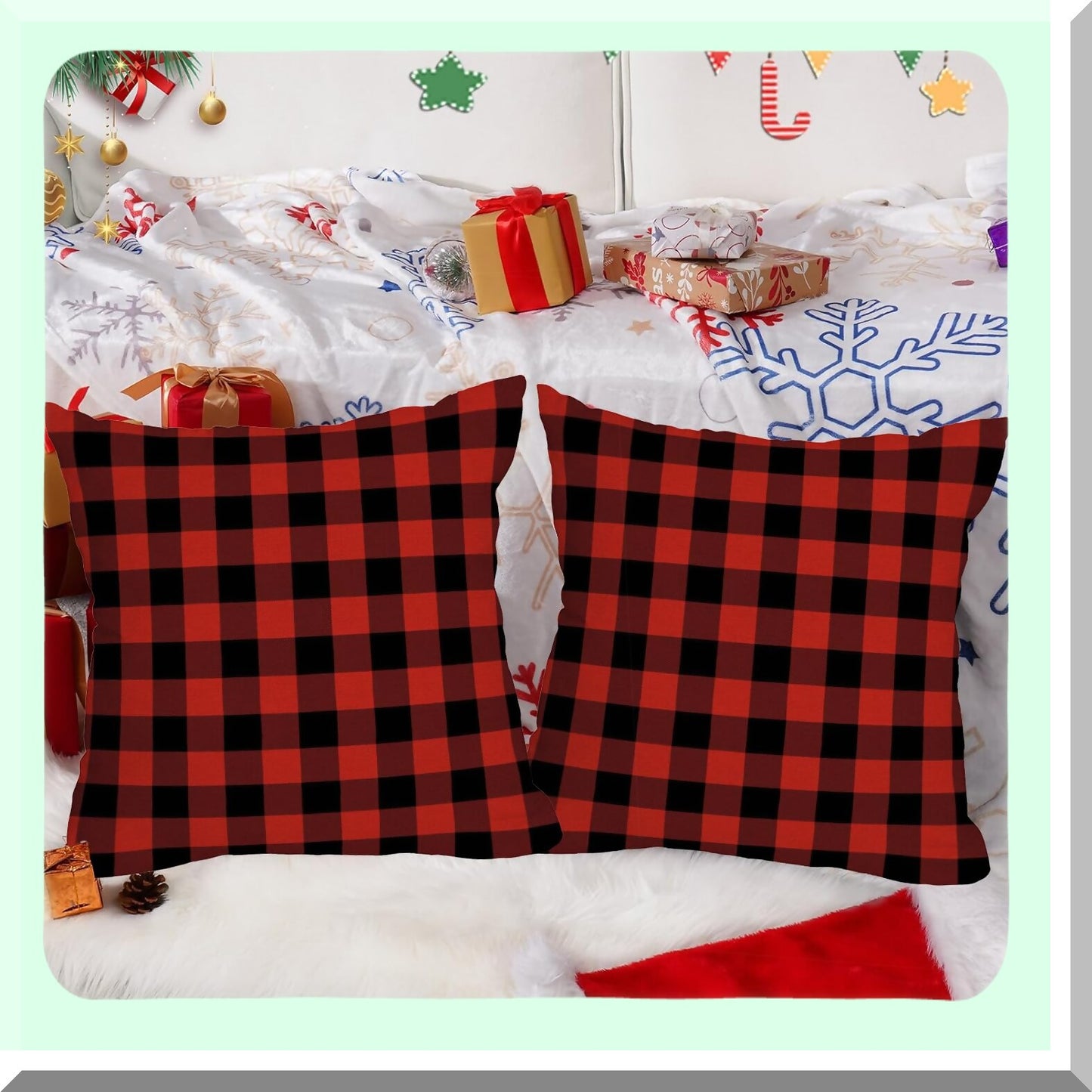 Winter Farmhouse Buffalo Plaid Pillow Covers - Set of 2 Waterproof Outdoor Cushion Cases 18x18 Inch Red & Black Checked Throw Double Sided Decor