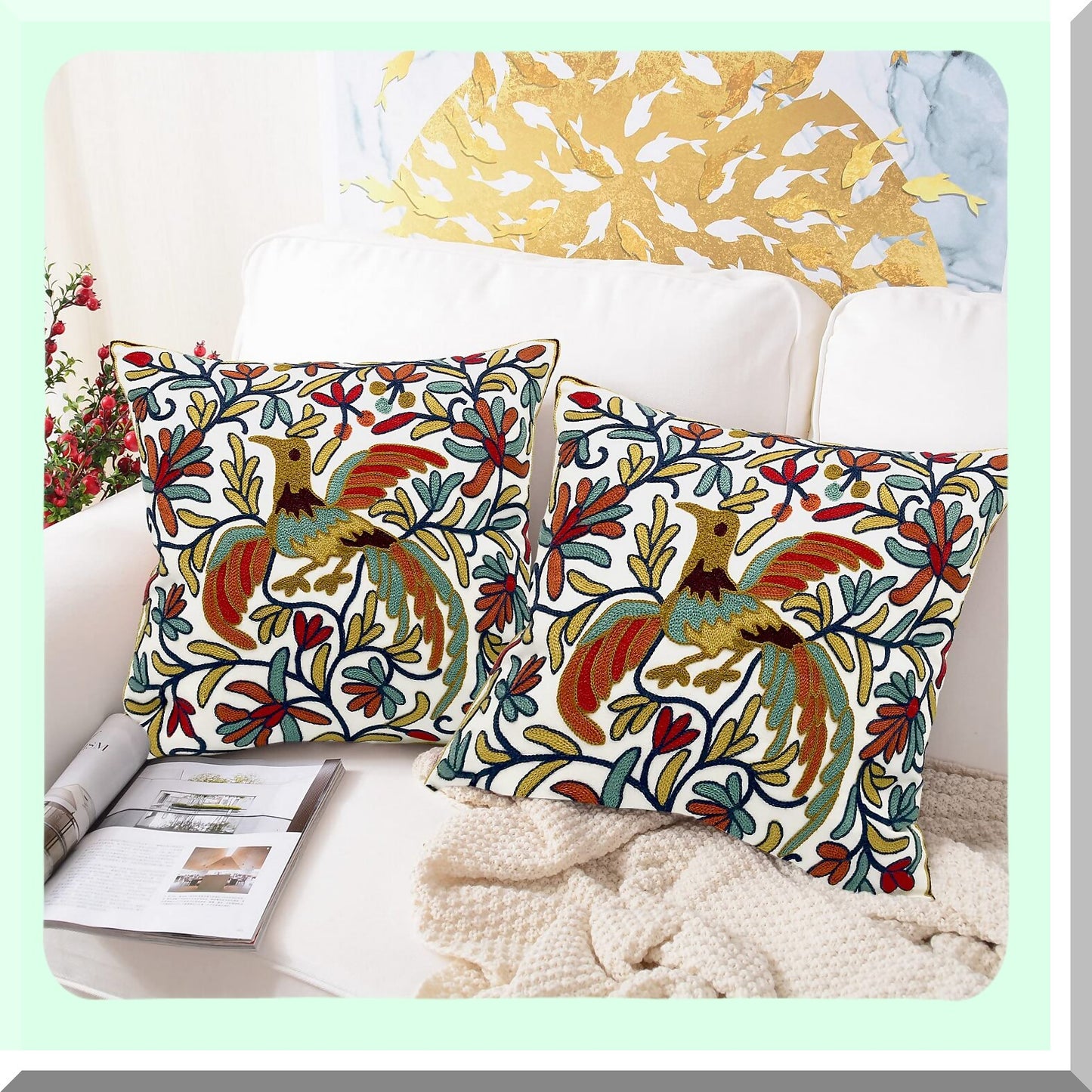 Boho Bird Embroidered Pillow Covers - Set of 2, Lucky Knit Pattern Cushion Cases for Sofa Couch Bed, Decorative Throw Pillows 18x18, Gold Orange