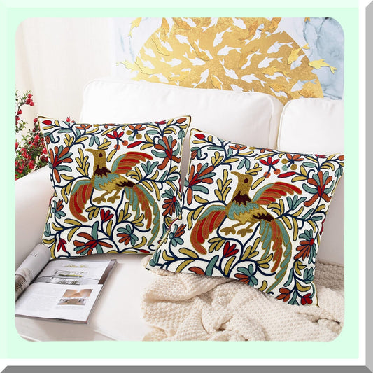 Boho Bird Embroidered Pillow Covers - Set of 2, Lucky Knit Pattern Cushion Cases for Sofa Couch Bed, Decorative Throw Pillows 18x18, Gold Orange