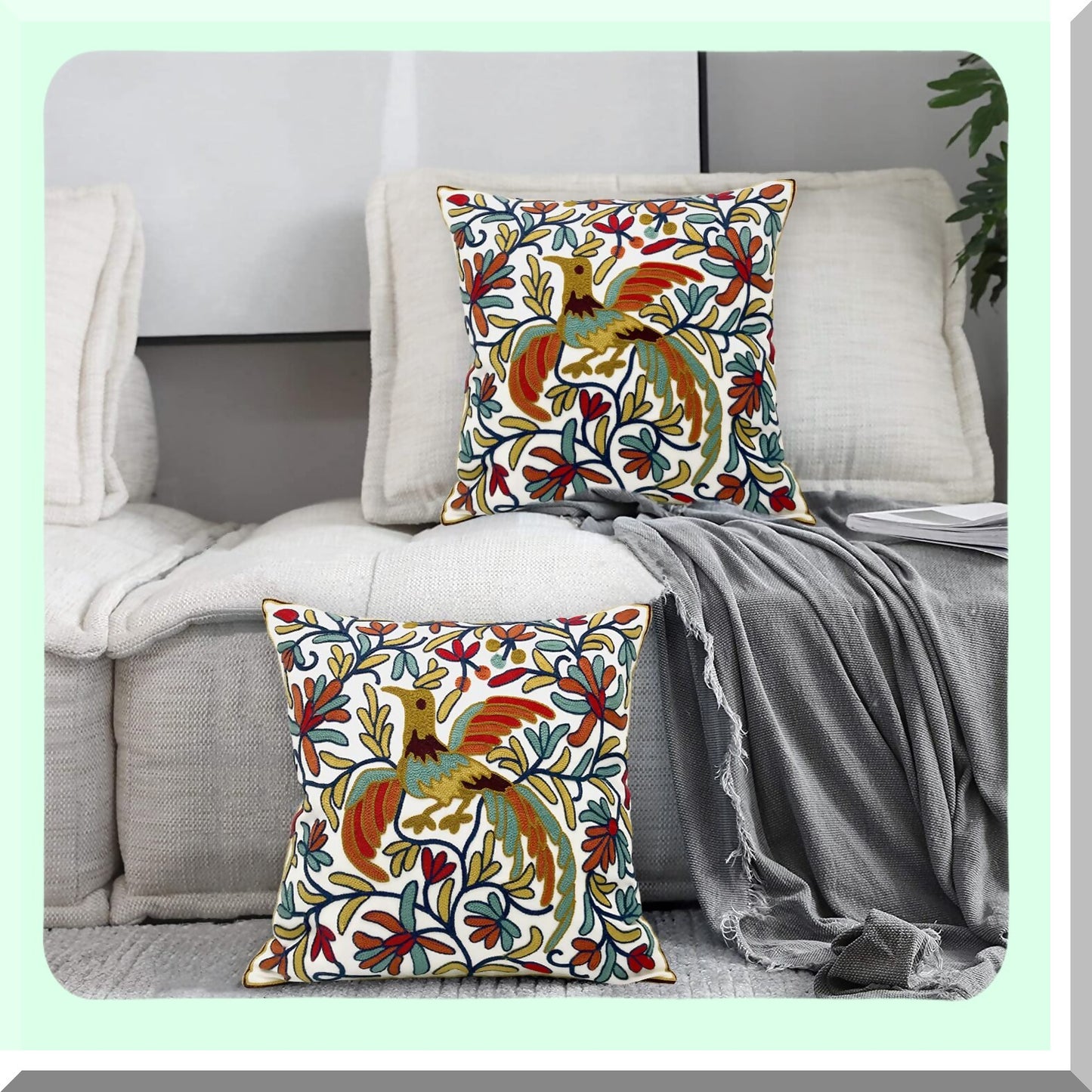 Boho Bird Embroidered Pillow Covers - Set of 2, Lucky Knit Pattern Cushion Cases for Sofa Couch Bed, Decorative Throw Pillows 18x18, Gold Orange