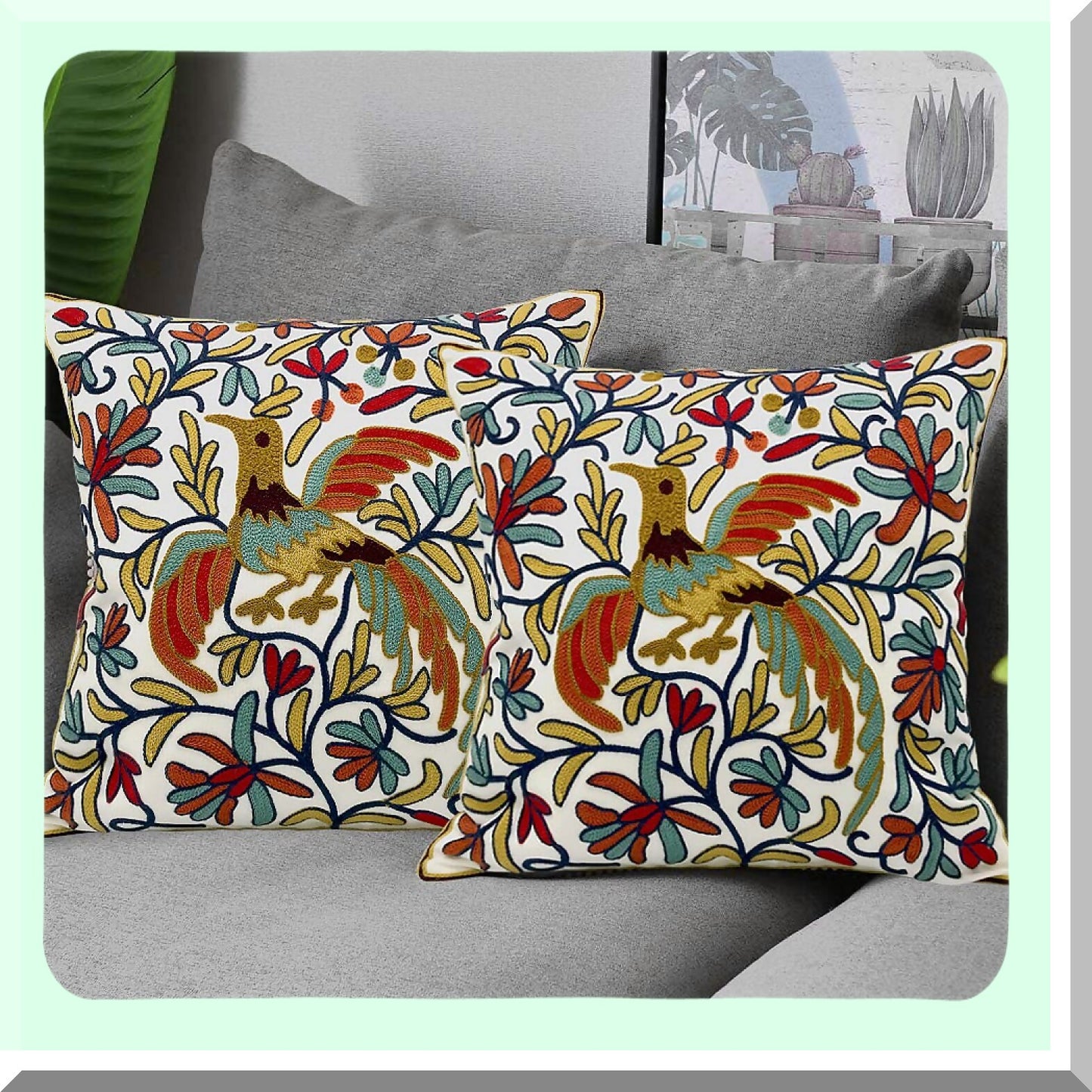 Boho Bird Embroidered Pillow Covers - Set of 2, Lucky Knit Pattern Cushion Cases for Sofa Couch Bed, Decorative Throw Pillows 18x18, Gold Orange