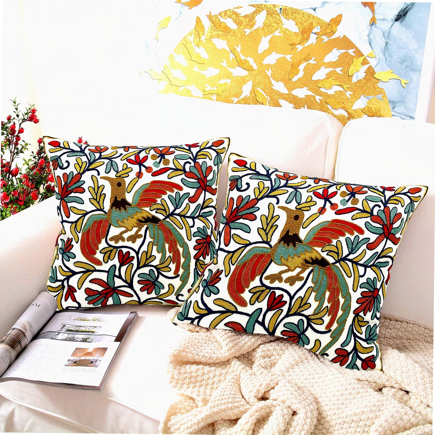Boho Bird Embroidered Pillow Covers - Set of 2, Lucky Knit Pattern Cushion Cases for Sofa Couch Bed, Decorative Throw Pillows 18x18, Gold Orange