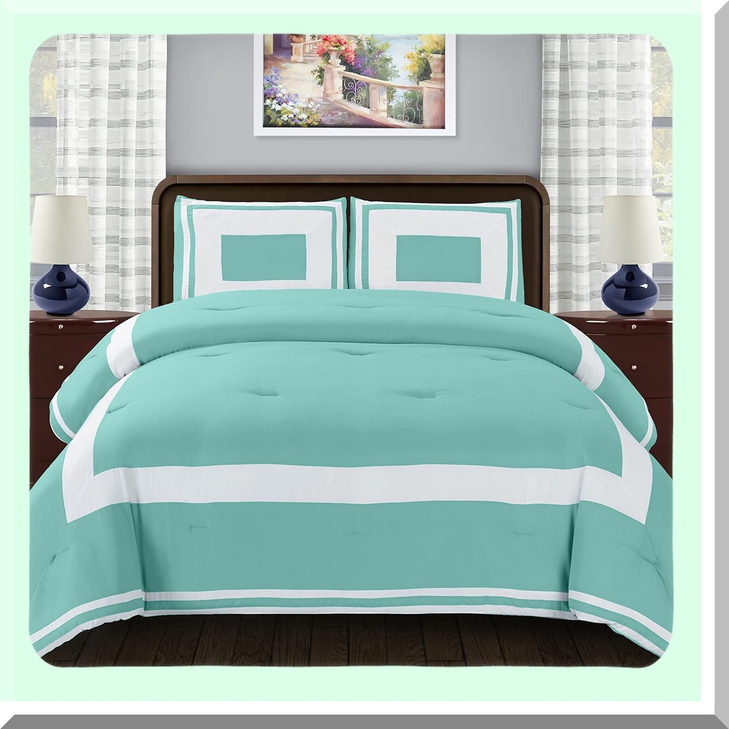 Teal Bliss Comforter Set - Luxury Hotel Bedding with Color Blocked Design, Soft Microfiber Shell, All Season Down Alternative Fill, Full/Queen Size with Pillow Shams