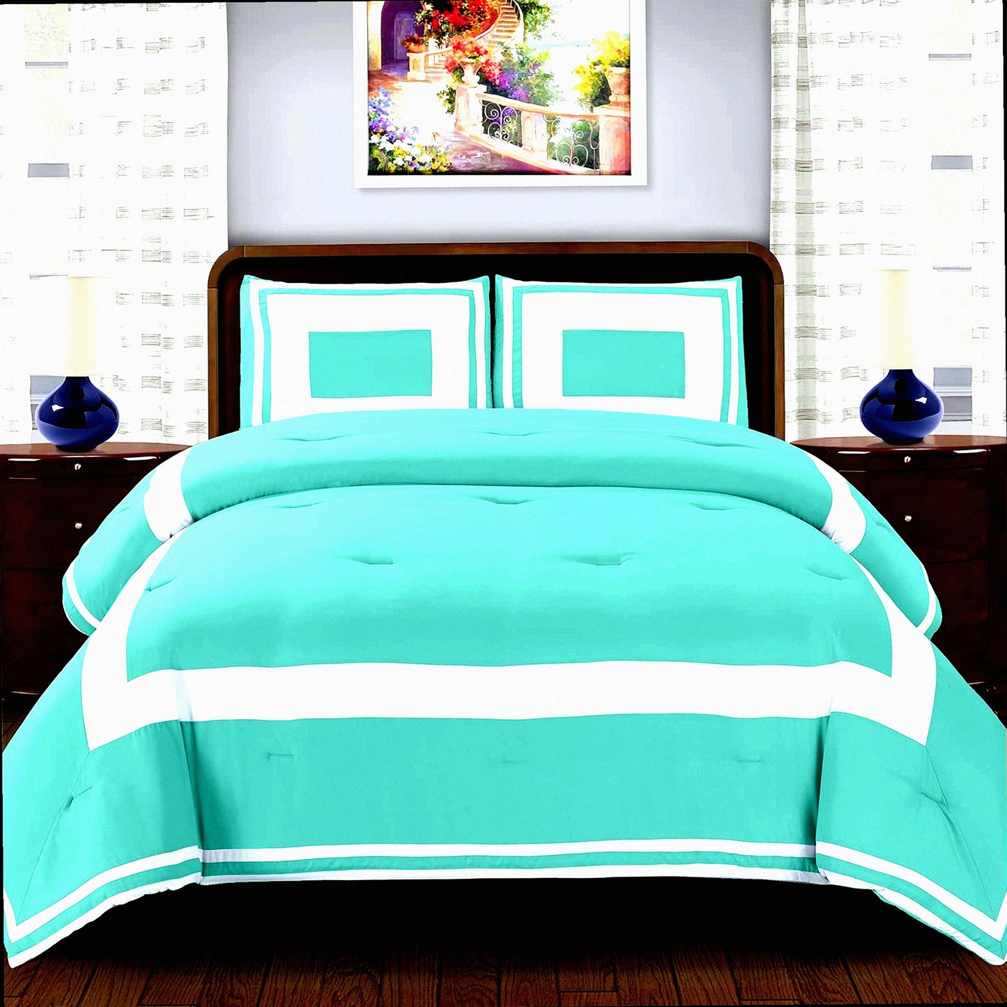Teal Bliss Comforter Set - Luxury Hotel Bedding with Color Blocked Design, Soft Microfiber Shell, All Season Down Alternative Fill, Full/Queen Size with Pillow Shams