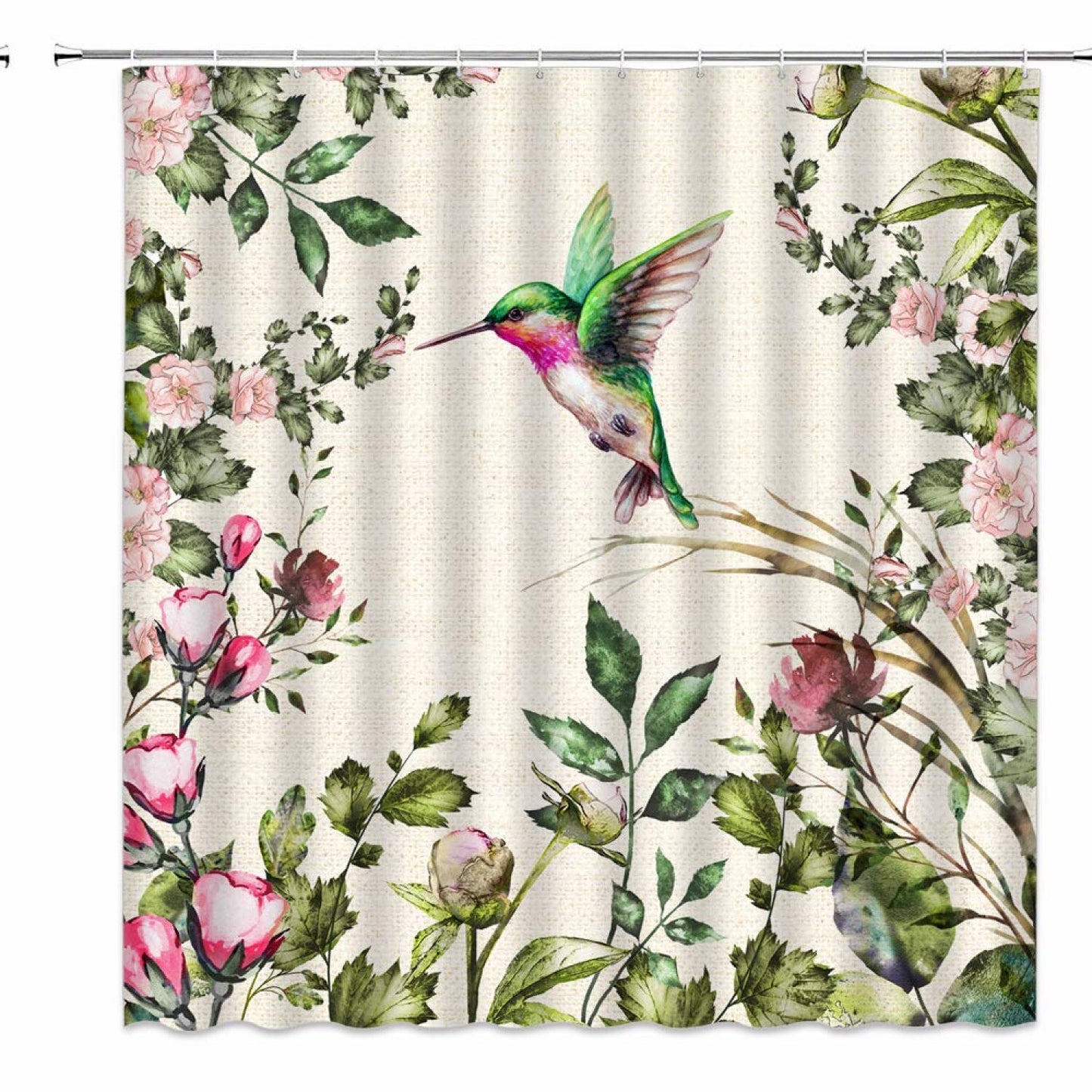 Hummingbird Pink Flowers Watercolor Shower Curtain
