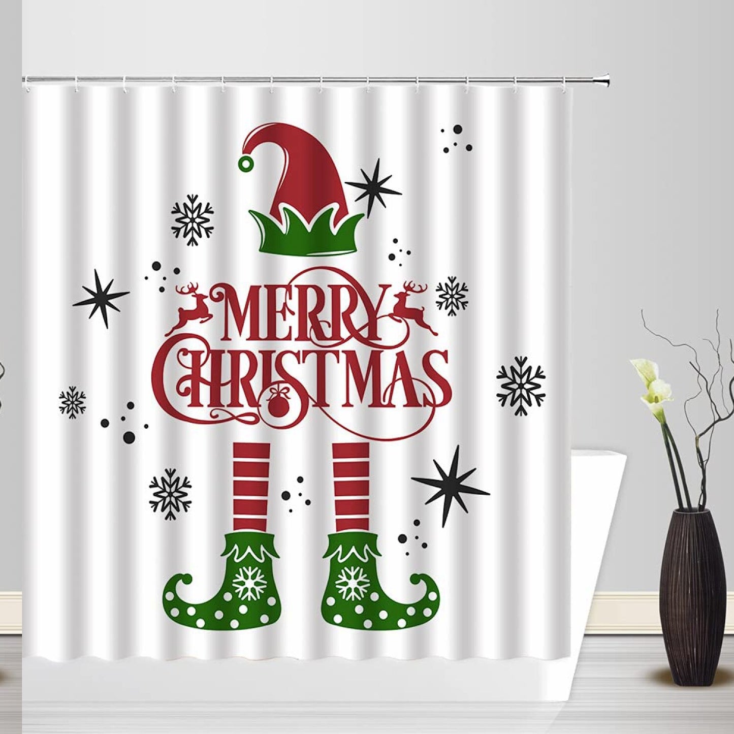 Elf Shower Curtain Red Green Cartoon Elfs 71x71 inches