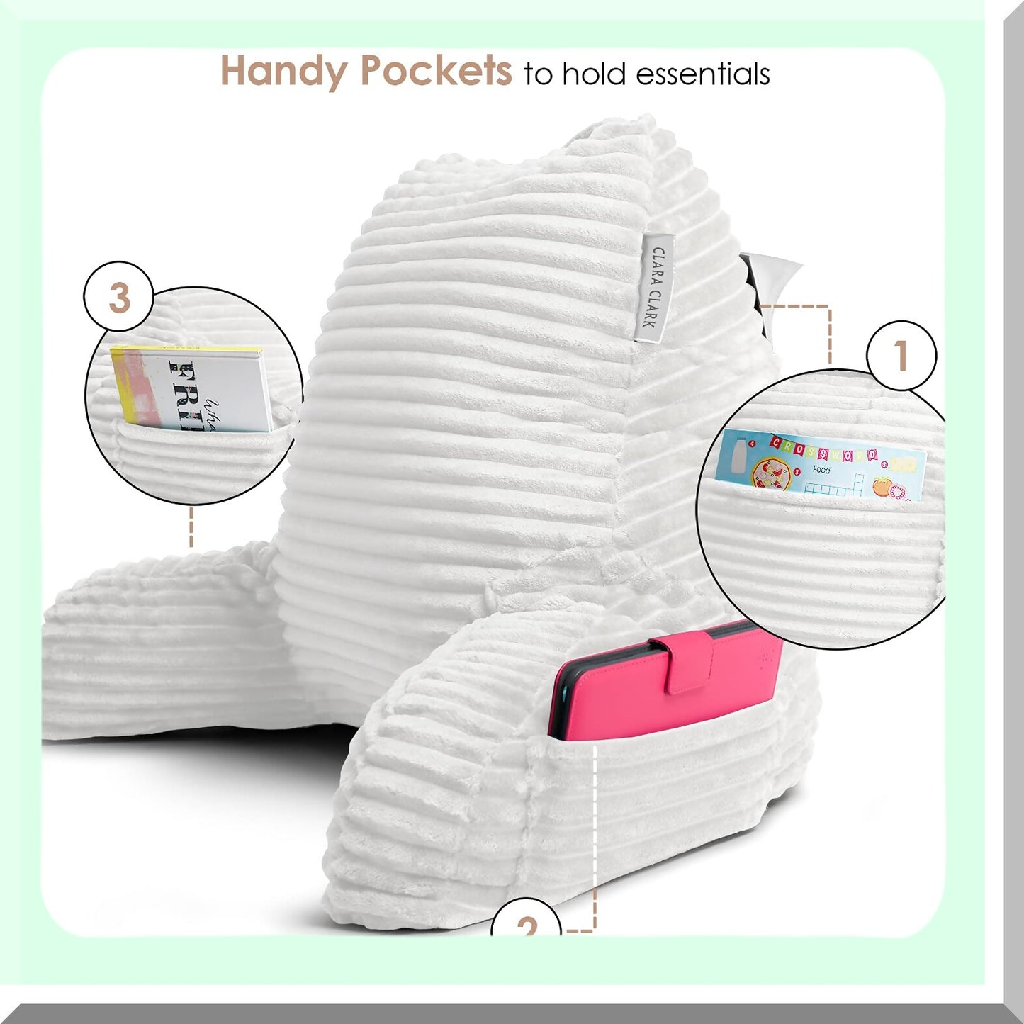 Plush Comfort Backrest Pillow with Arms and Pockets - Ultimate Support for Reading and Sitting Up in Bed - White Foam Bed Chair Pillow