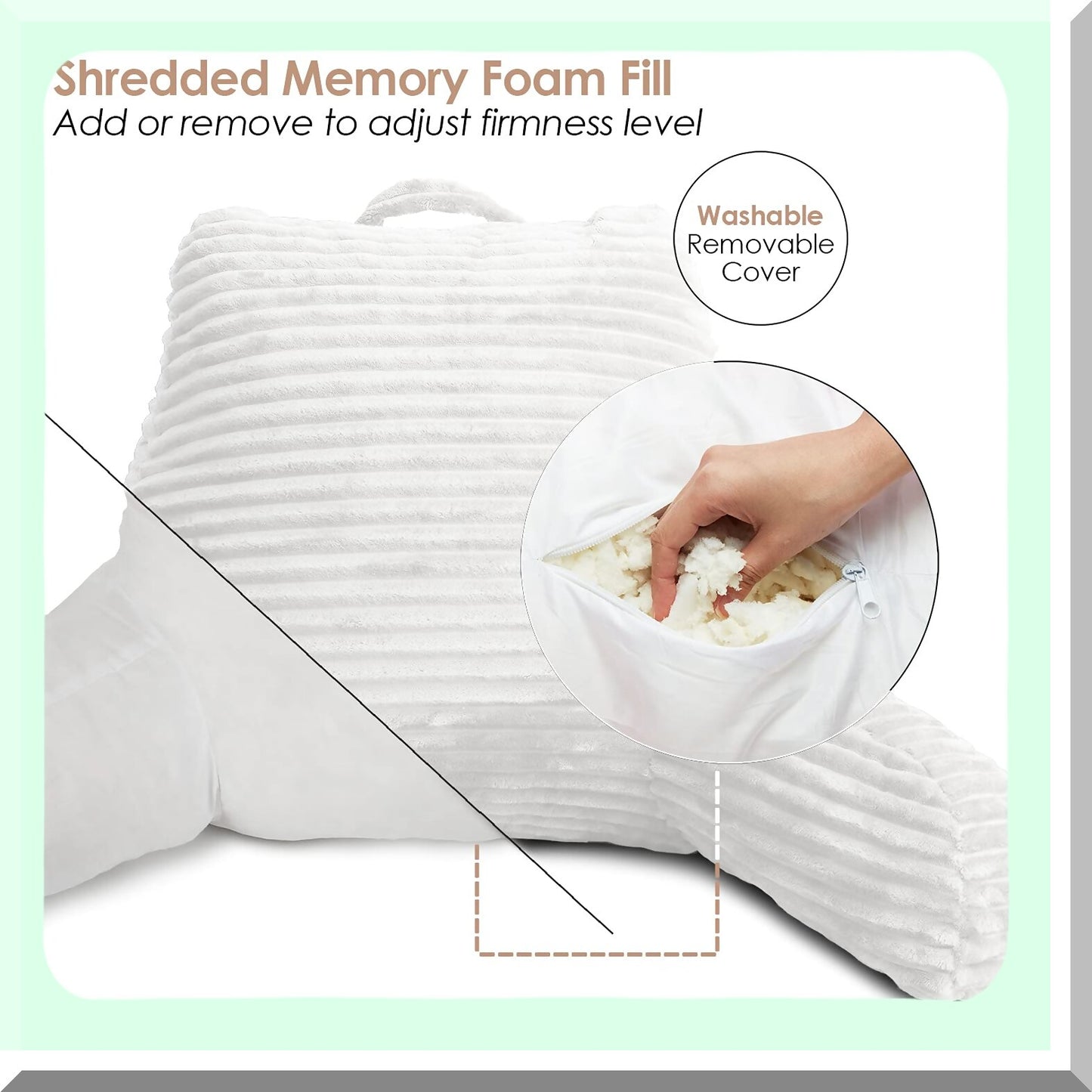 Plush Comfort Backrest Pillow with Arms and Pockets - Ultimate Support for Reading and Sitting Up in Bed - White Foam Bed Chair Pillow