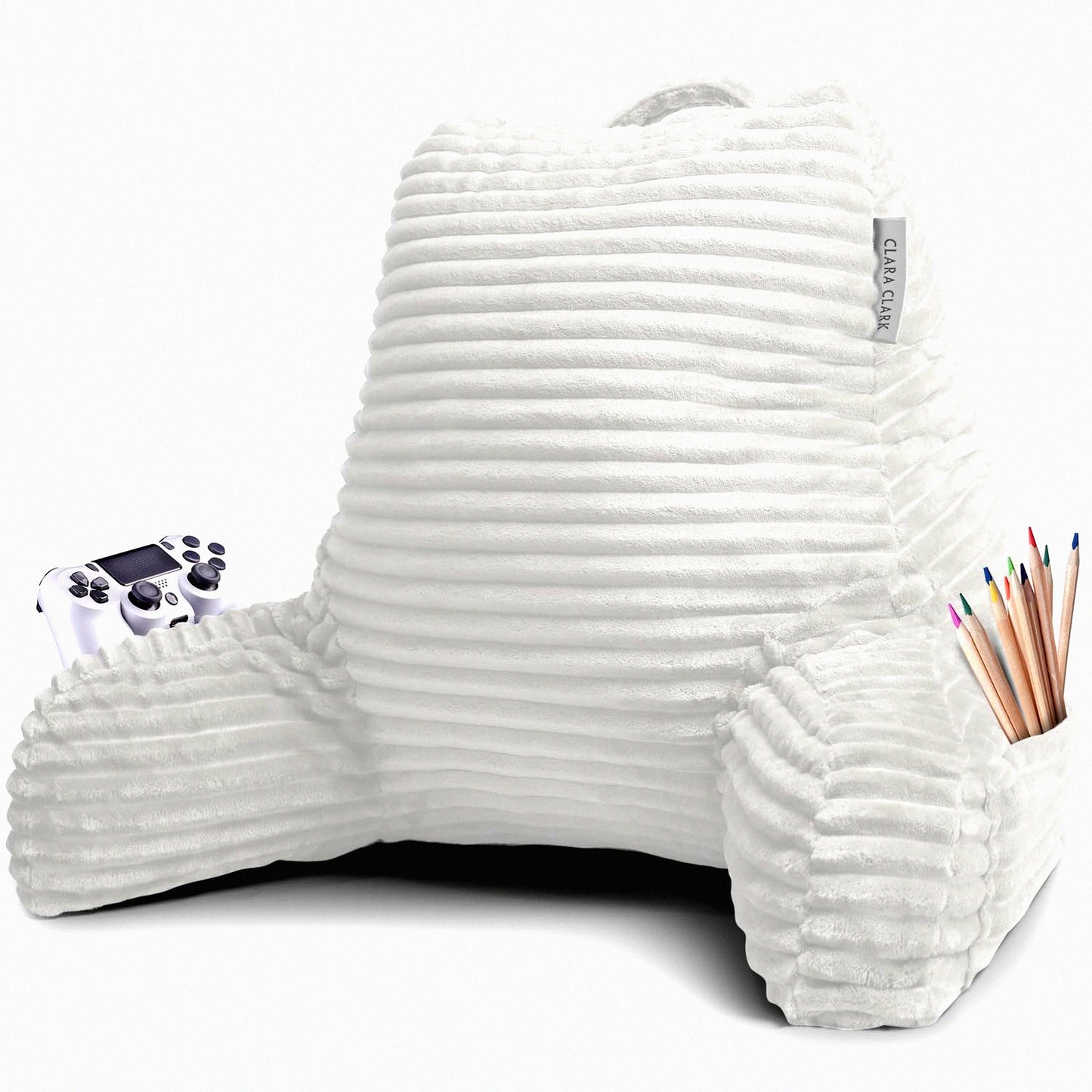 Plush Comfort Backrest Pillow with Arms and Pockets - Ultimate Support for Reading and Sitting Up in Bed - White Foam Bed Chair Pillow