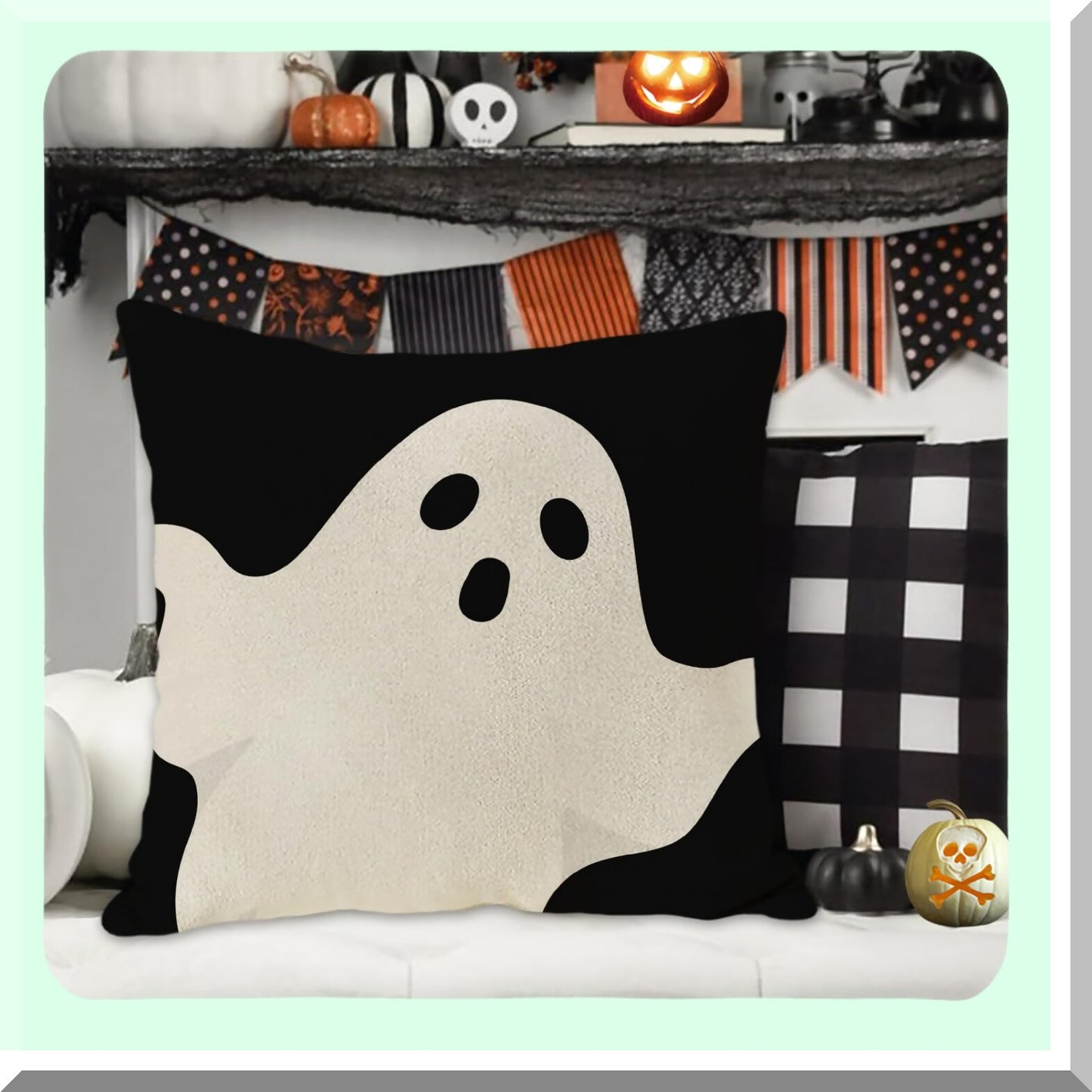 Ghostly Monochrome Linen Pillow Cover - 24x24 Inch Throw Cushion Case for Couch Sofa Home Decor - Black & White Halloween Decoration