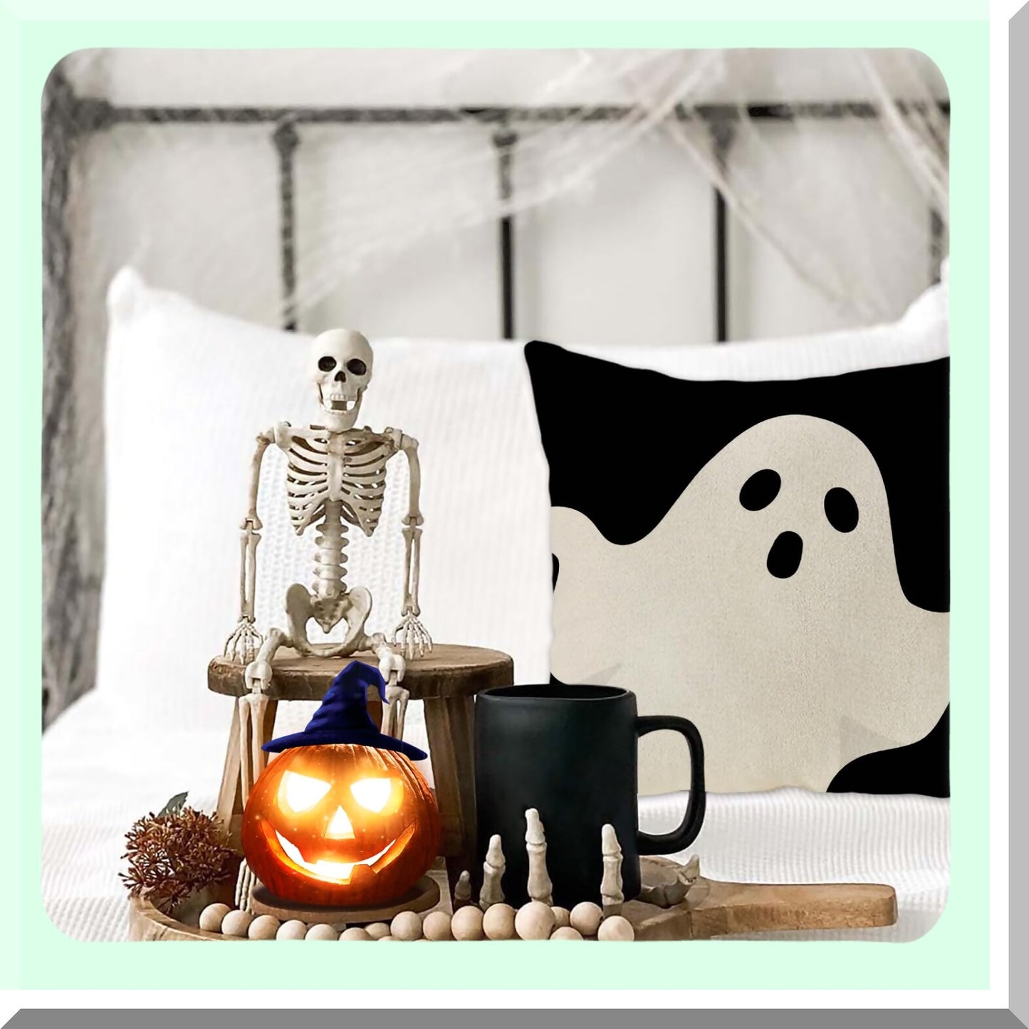 Ghostly Monochrome Linen Pillow Cover - 24x24 Inch Throw Cushion Case for Couch Sofa Home Decor - Black & White Halloween Decoration