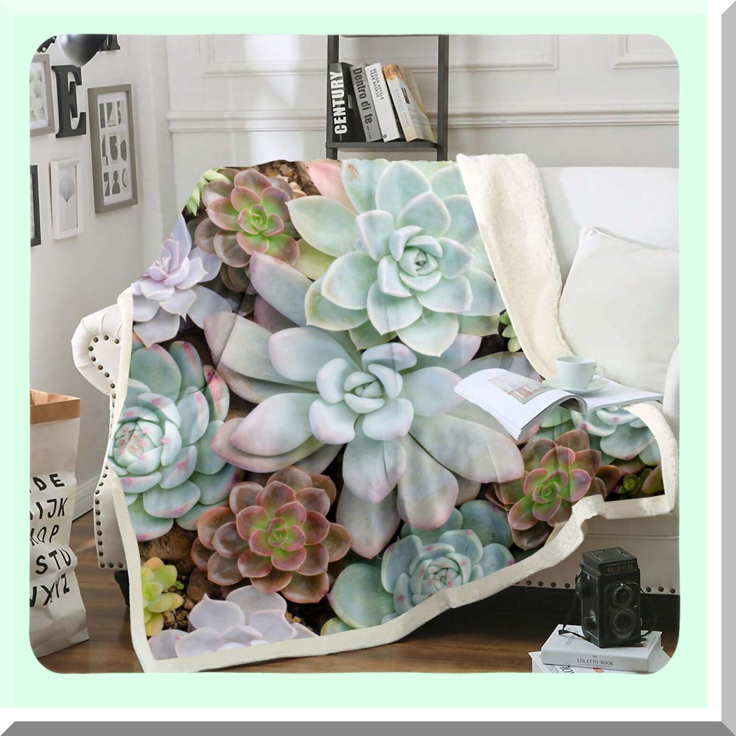 Succulent Serenity Sherpa Throw - Cozy Cactus Fleece Blanket for Couch, Bed, or Sofa - Chic Green Botanical Design, Soft & Warm for Women and Adults, 50"x60""