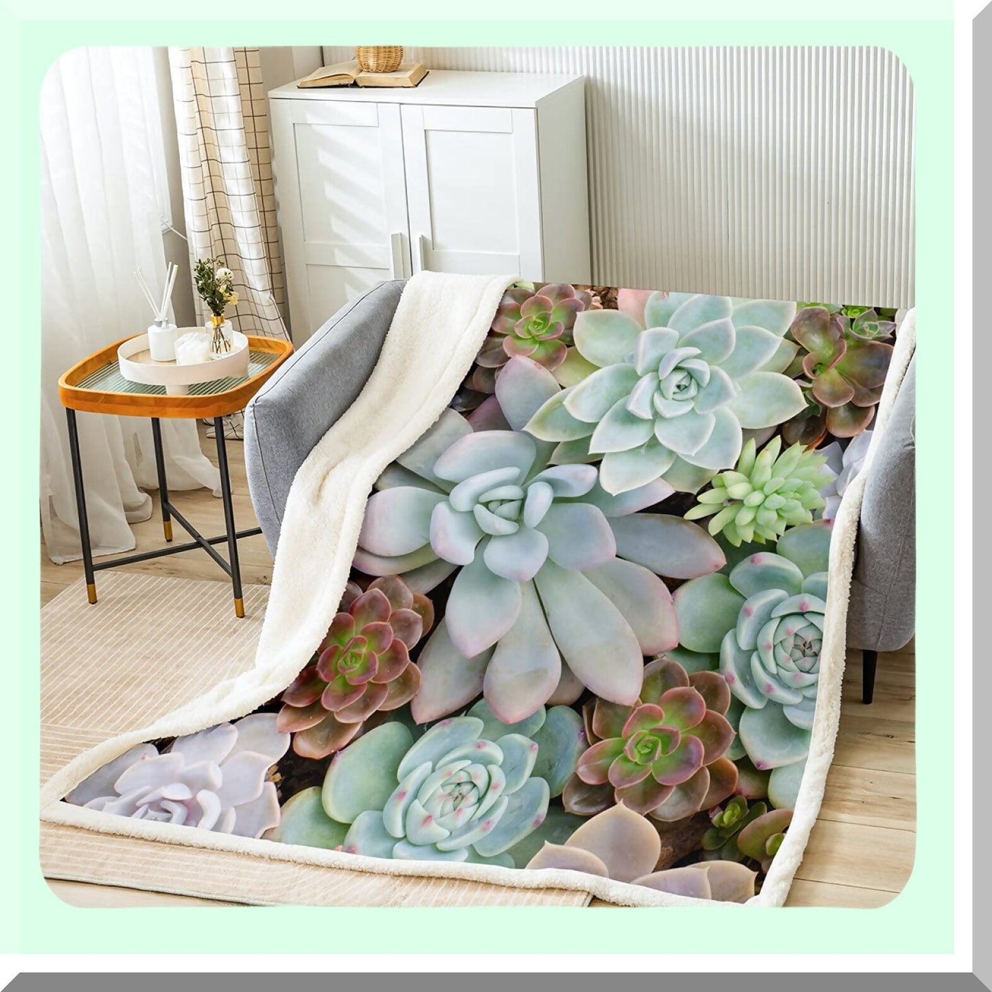 Succulent Serenity Sherpa Throw - Cozy Cactus Fleece Blanket for Couch, Bed, or Sofa - Chic Green Botanical Design, Soft & Warm for Women and Adults, 50"x60""