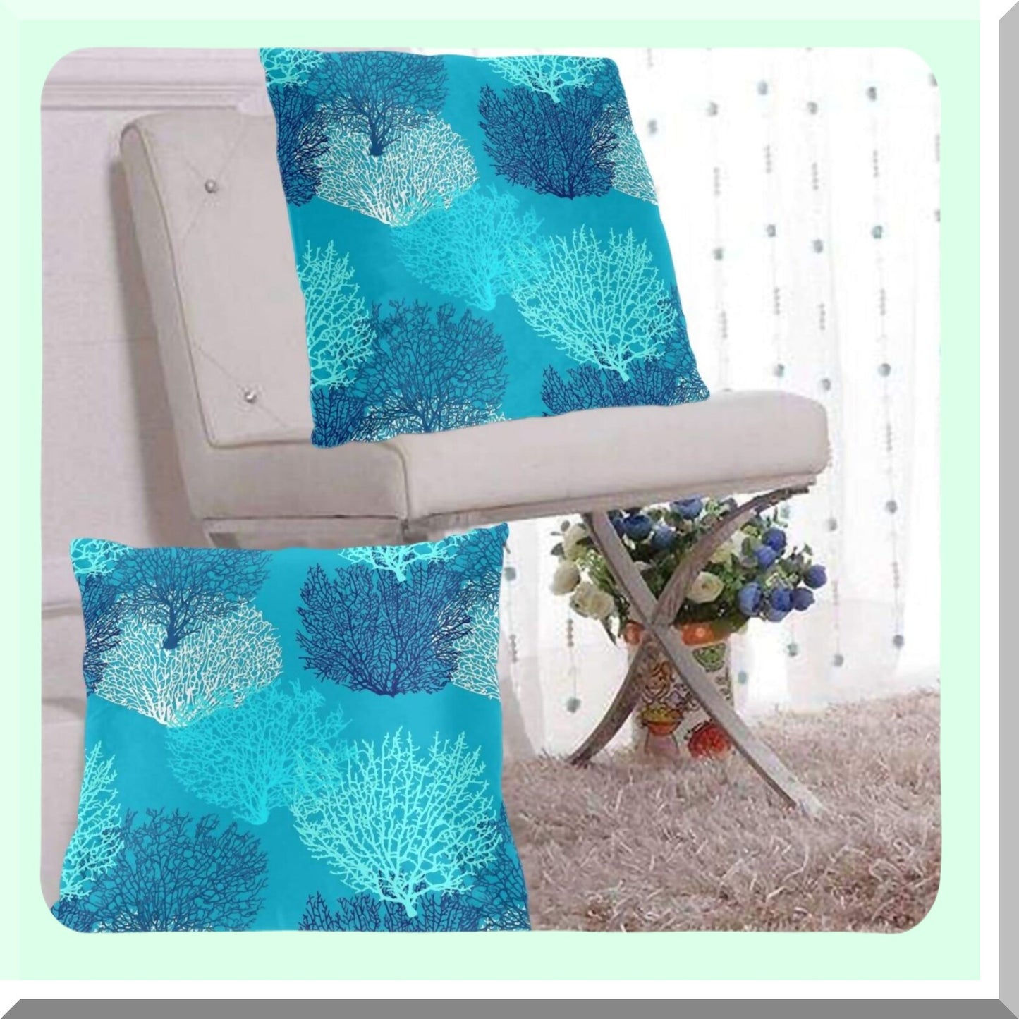 Coastal Coral Branch Ocean Velvet Pillow Covers - Aqua Blue Cushion Case Set for Living Room Decor - Soft Throw Pillow Cases for Bed Couch Car 18x18 Inch