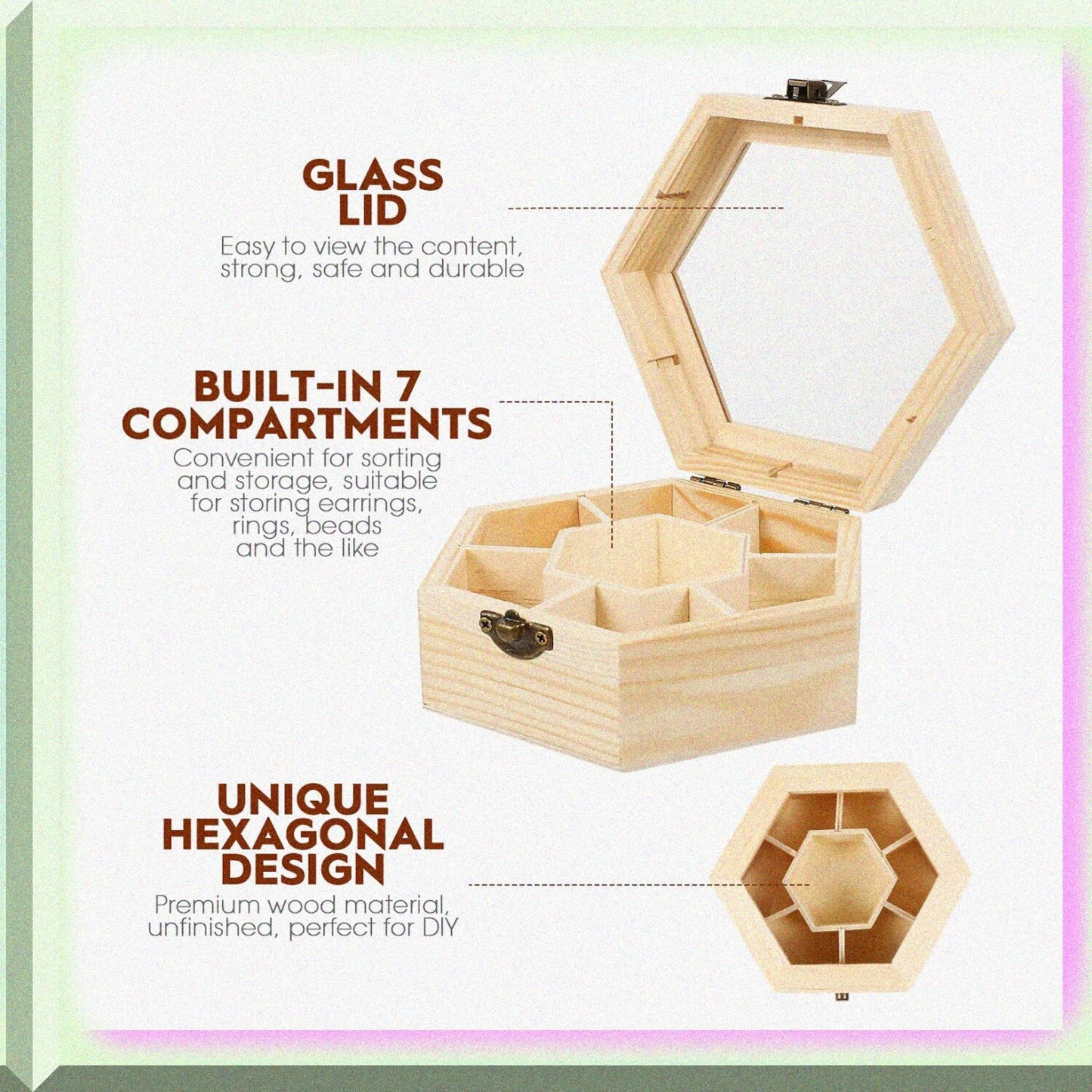 Unfinished Wooden Hexagon Jewelry Box 7 Compartments