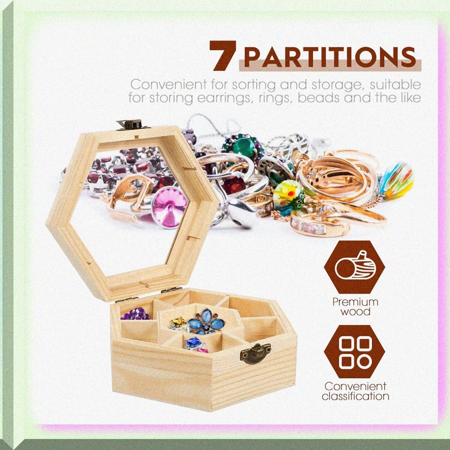 Unfinished Wooden Hexagon Jewelry Box 7 Compartments