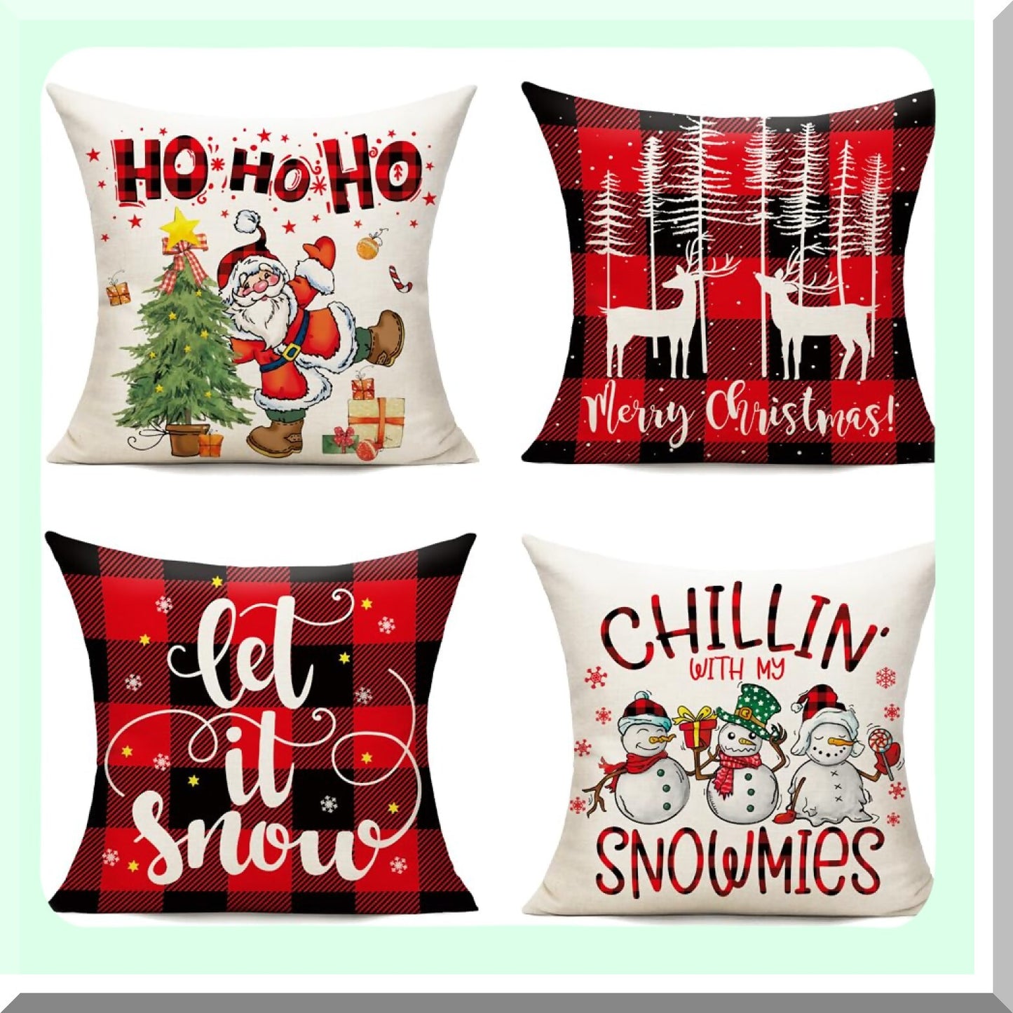 Winter Wonderland Buffalo Plaid Pillow Covers - Set of 4 Xmas Decorative Snowflake Holiday Cushion Cases for Bedroom, Porch, Sofa, Chair - Red