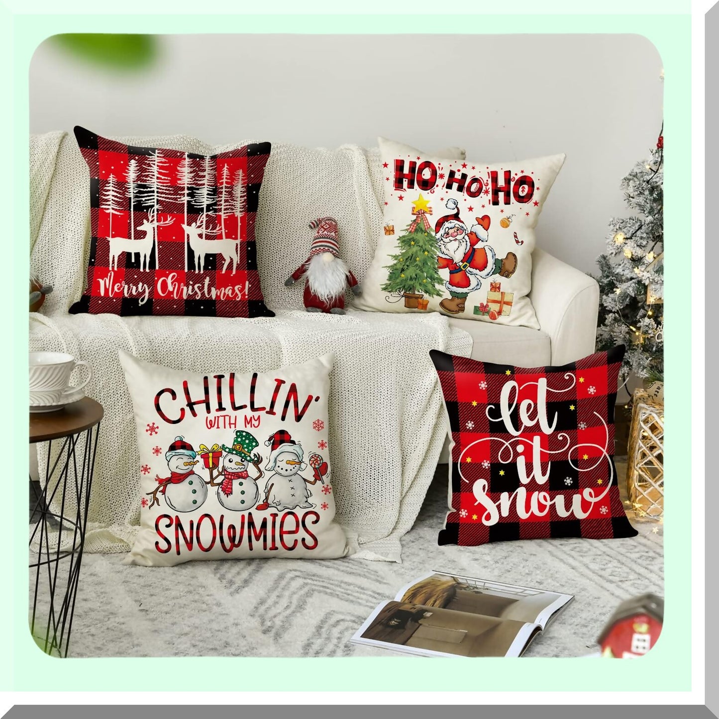Winter Wonderland Buffalo Plaid Pillow Covers - Set of 4 Xmas Decorative Snowflake Holiday Cushion Cases for Bedroom, Porch, Sofa, Chair - Red