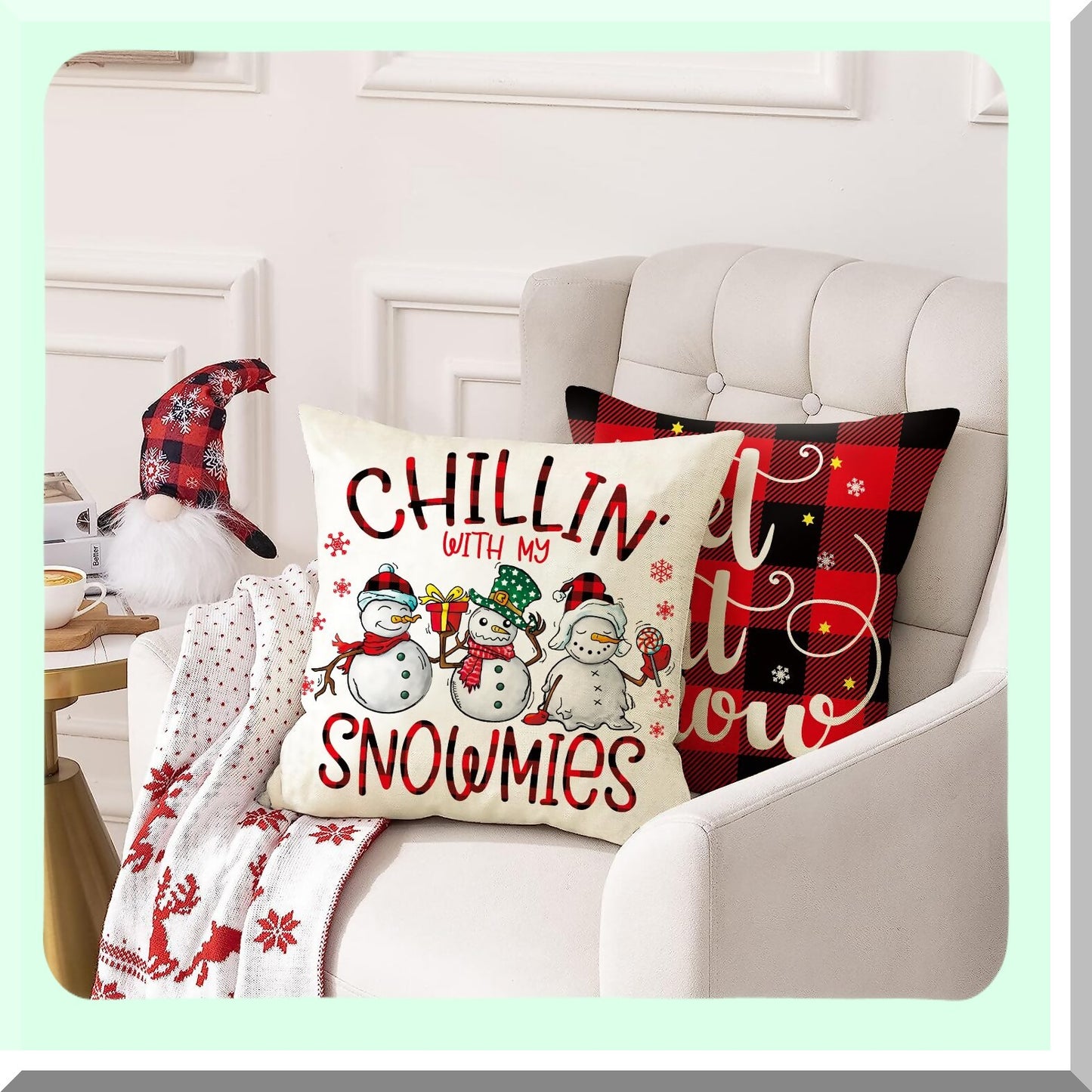 Winter Wonderland Buffalo Plaid Pillow Covers - Set of 4 Xmas Decorative Snowflake Holiday Cushion Cases for Bedroom, Porch, Sofa, Chair - Red