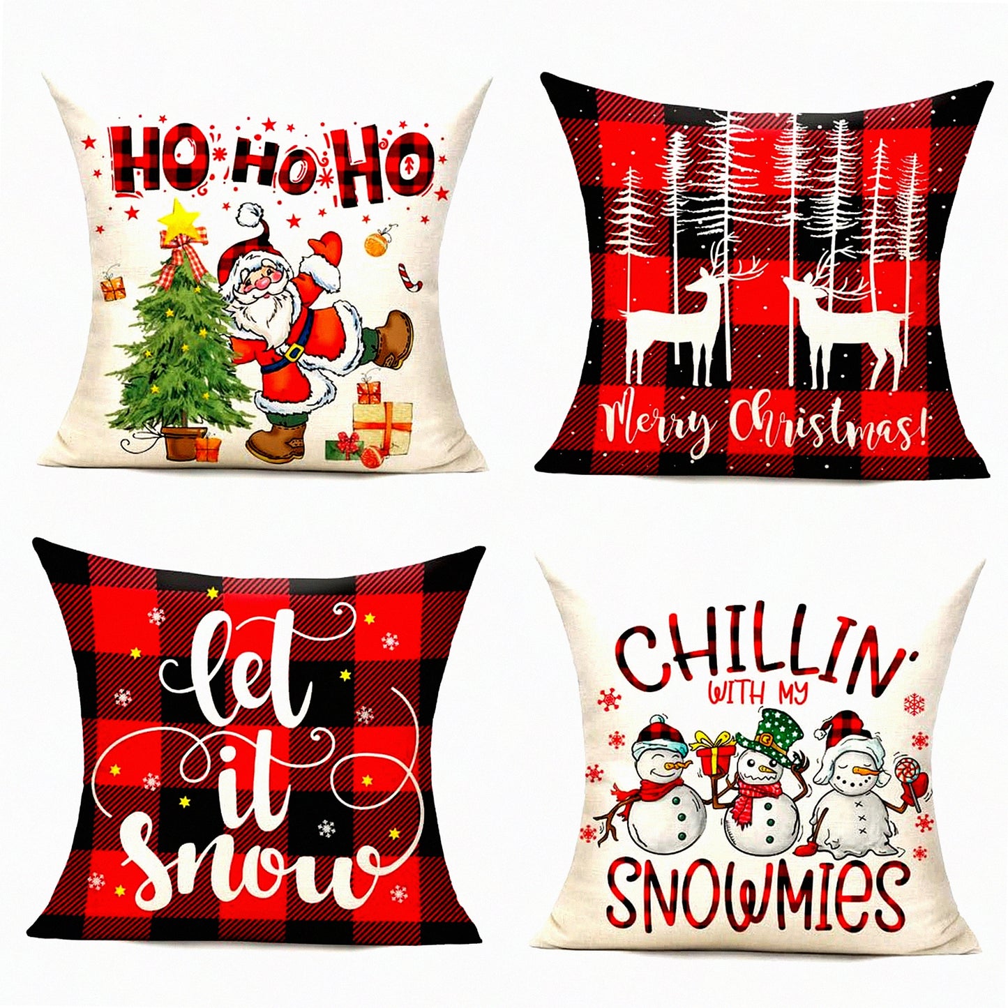 Winter Wonderland Buffalo Plaid Pillow Covers - Set of 4 Xmas Decorative Snowflake Holiday Cushion Cases for Bedroom, Porch, Sofa, Chair - Red