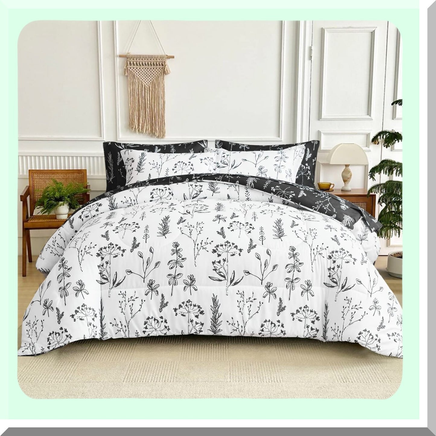 Floral Leaves Queen Size Comforter Set - 7 Piece Bedding Bundle with White Black Floral Design - Includes Comforter, Pillow Shams, Sheets, Pillowcases