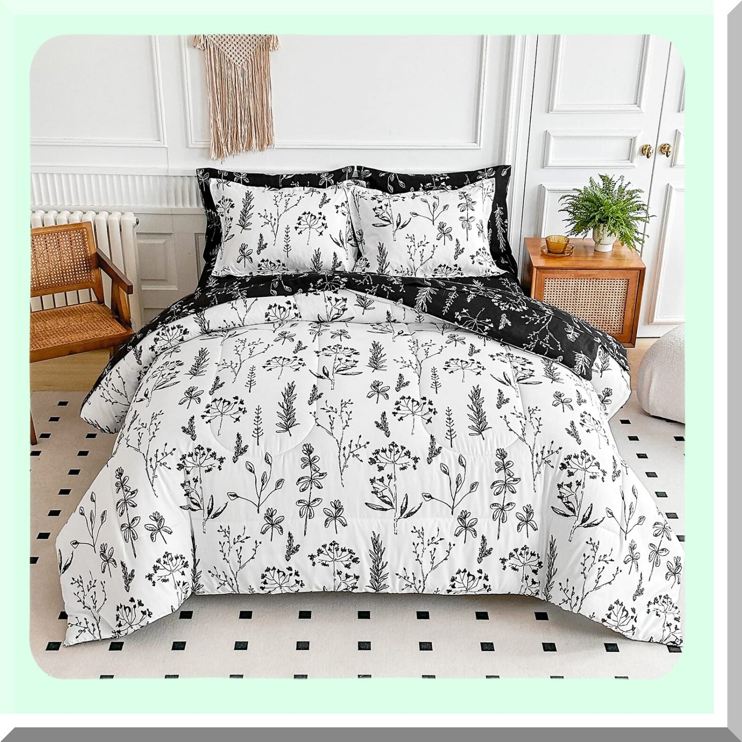 Floral Leaves Queen Size Comforter Set - 7 Piece Bedding Bundle with White Black Floral Design - Includes Comforter, Pillow Shams, Sheets, Pillowcases