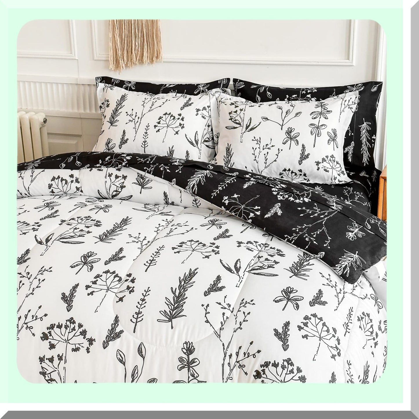 Floral Leaves Queen Size Comforter Set - 7 Piece Bedding Bundle with White Black Floral Design - Includes Comforter, Pillow Shams, Sheets, Pillowcases