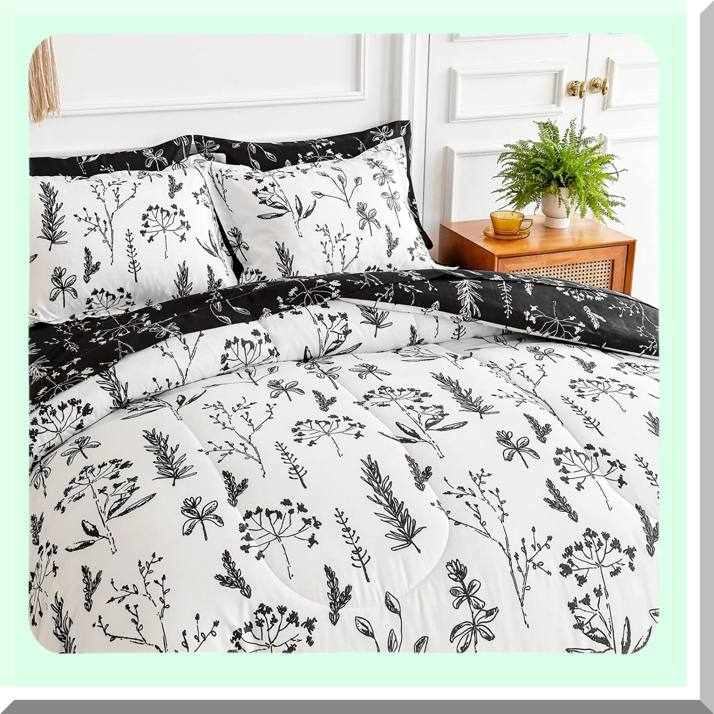 Floral Leaves Queen Size Comforter Set - 7 Piece Bedding Bundle with White Black Floral Design - Includes Comforter, Pillow Shams, Sheets, Pillowcases