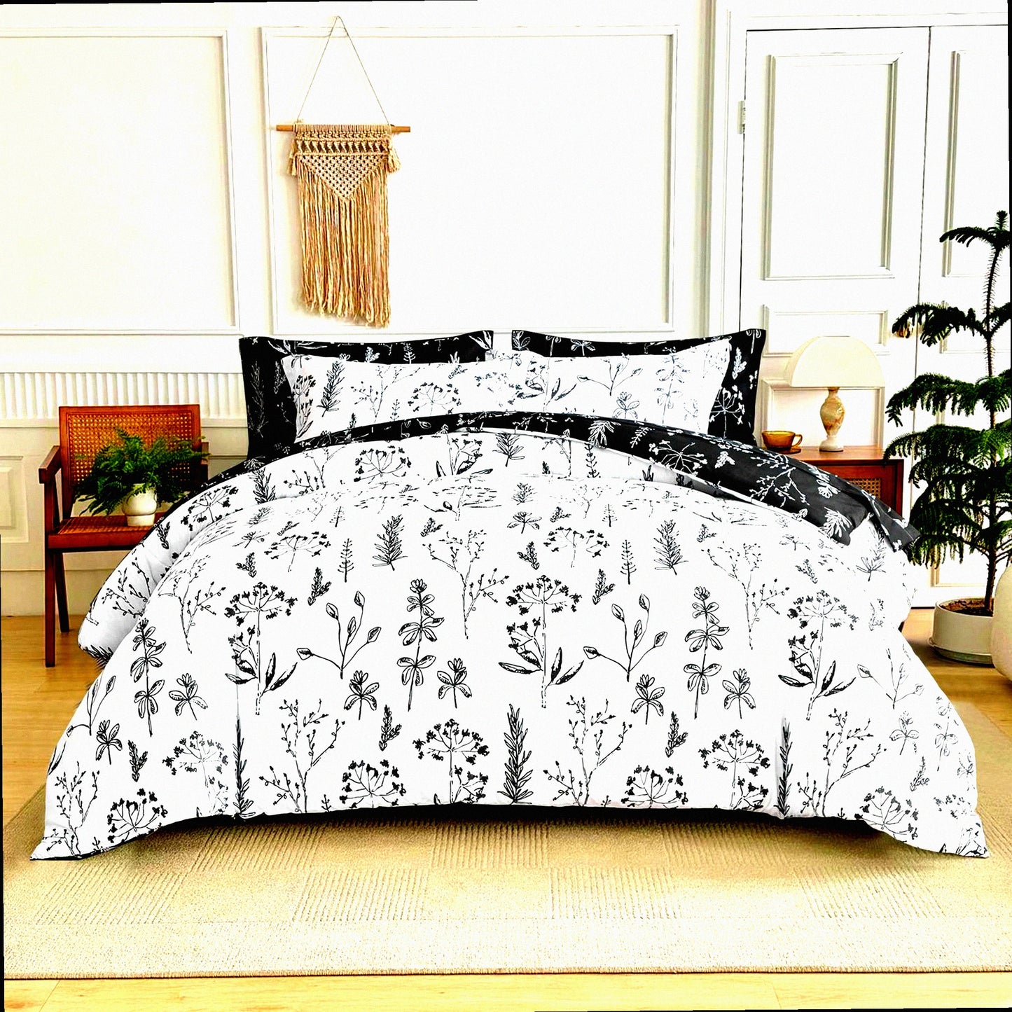 Floral Leaves Queen Size Comforter Set - 7 Piece Bedding Bundle with White Black Floral Design - Includes Comforter, Pillow Shams, Sheets, Pillowcases