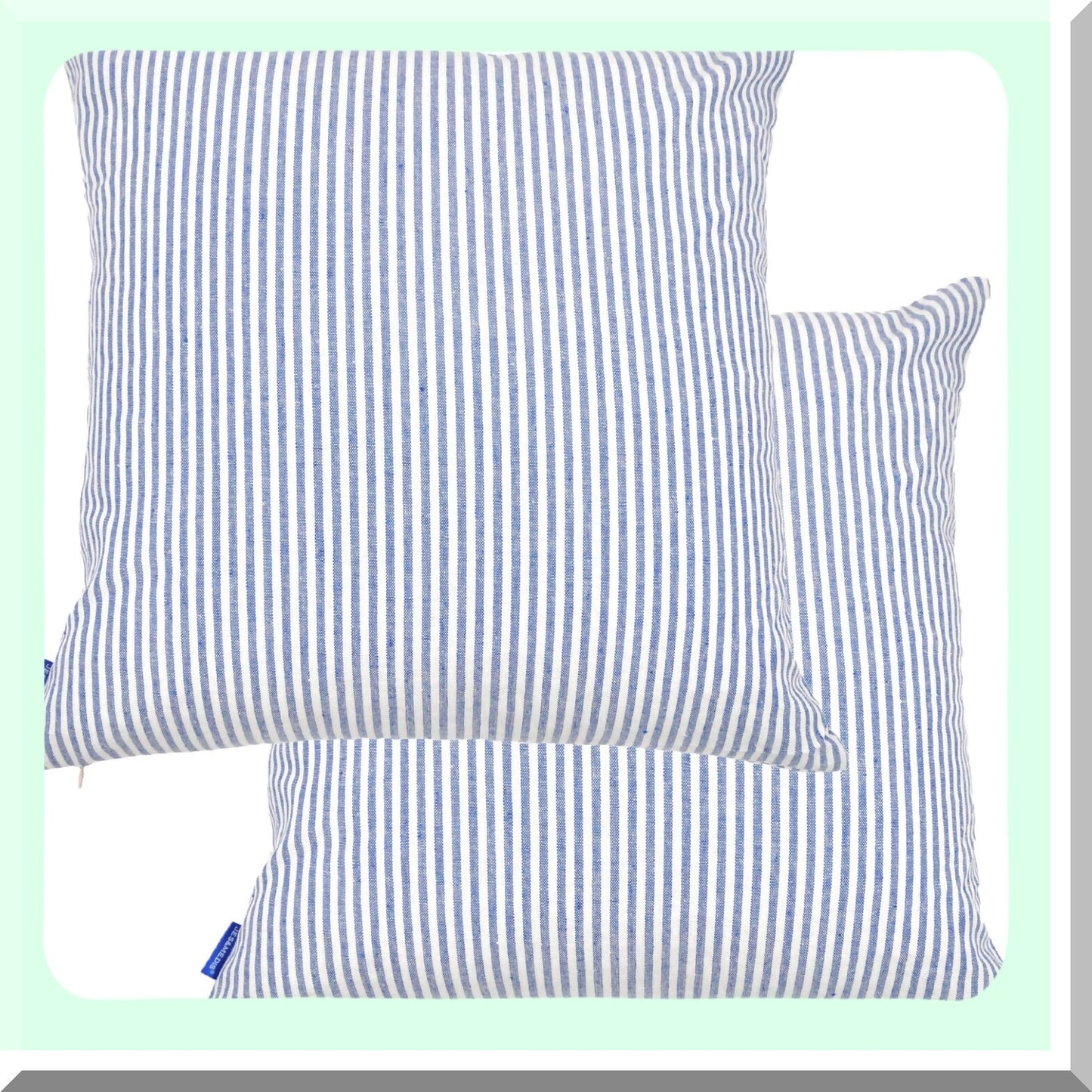 Striped Cotton Pillowcase Set - Home Decor Square Throw Pillow Covers (Pack of 2) for Office Bed Car Club - 18 x 18 Inches Blue and White