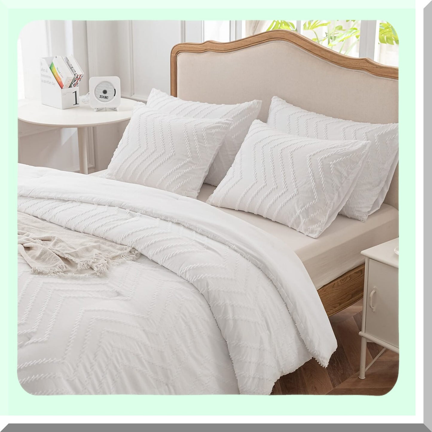 FluffyDreams Tufted Boho Comforter Set - Full Size White Bedding for Girls Boys - Lightweight All Seasons 1 Comforter 80"x90" 2 Pillowcases 20"x26"