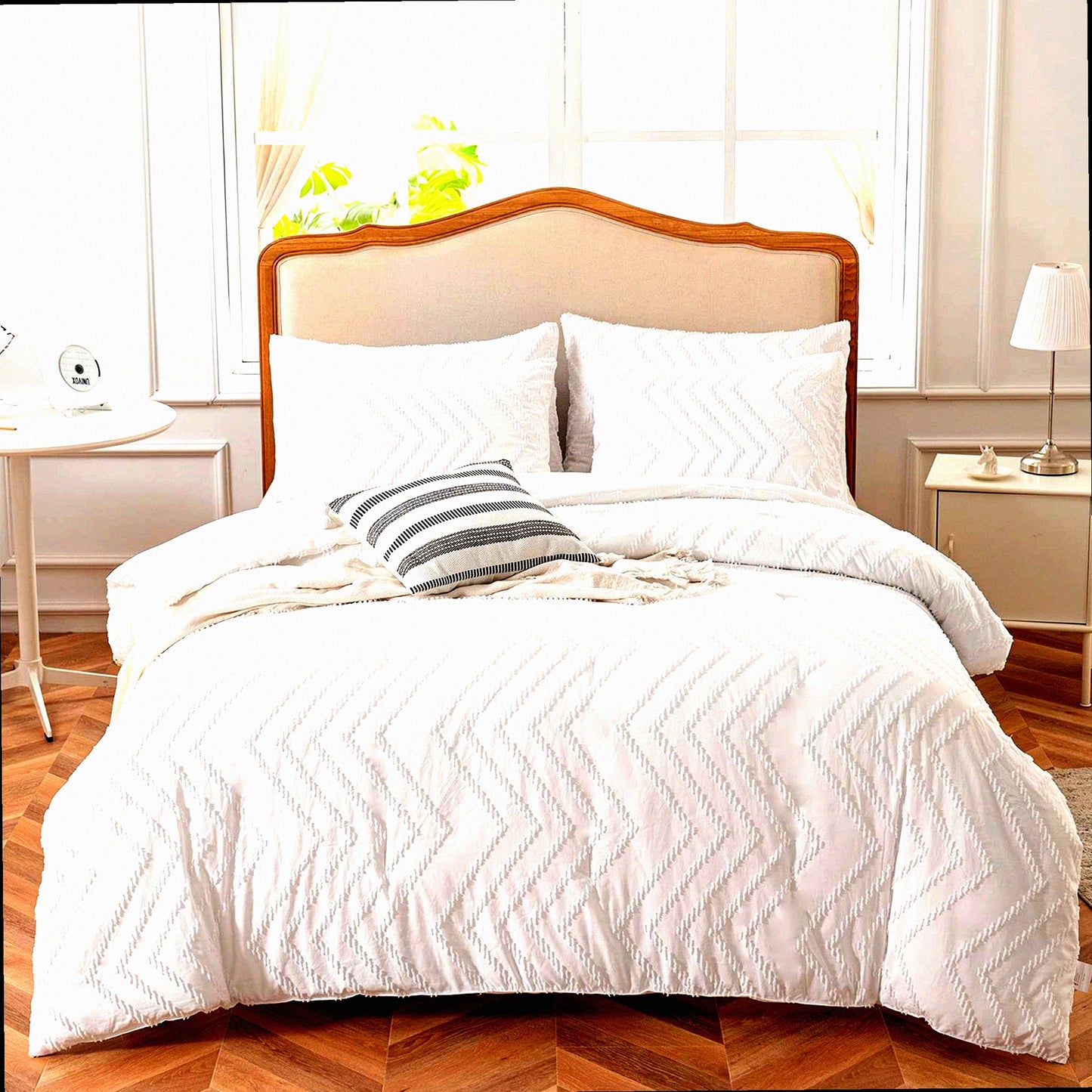 FluffyDreams Tufted Boho Comforter Set - Full Size White Bedding for Girls Boys - Lightweight All Seasons 1 Comforter 80"x90" 2 Pillowcases 20"x26"